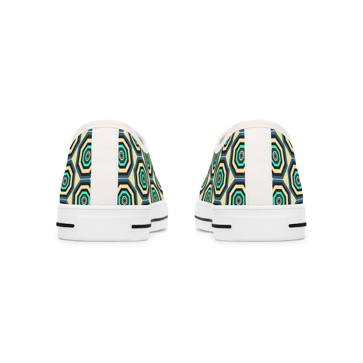 Geometric Retro Hexagon Women's Low Top Sneakers — Green Teal Patterned Canvas Shoes