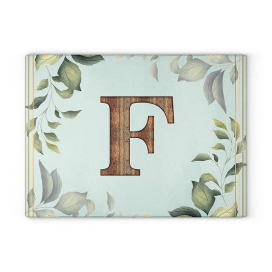 Monogram Glass Cutting Board – Rustic Wood 'F' with Greenery Border