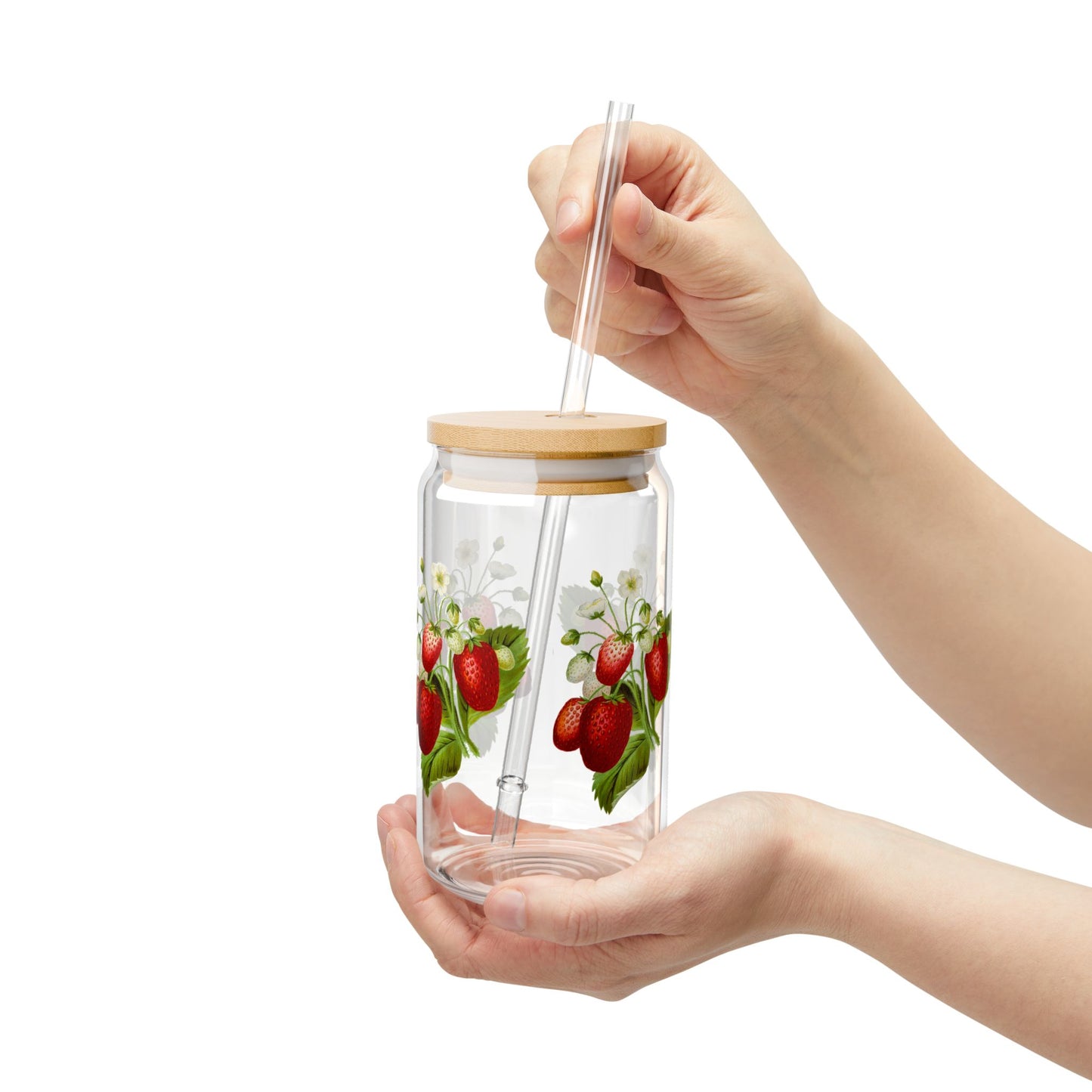 Strawberry-Painted Sipper Glass, Eco-Friendly Drinkware for Smoothies, Juices, Gifts for Mom, Summer Parties, Kitchen Decor