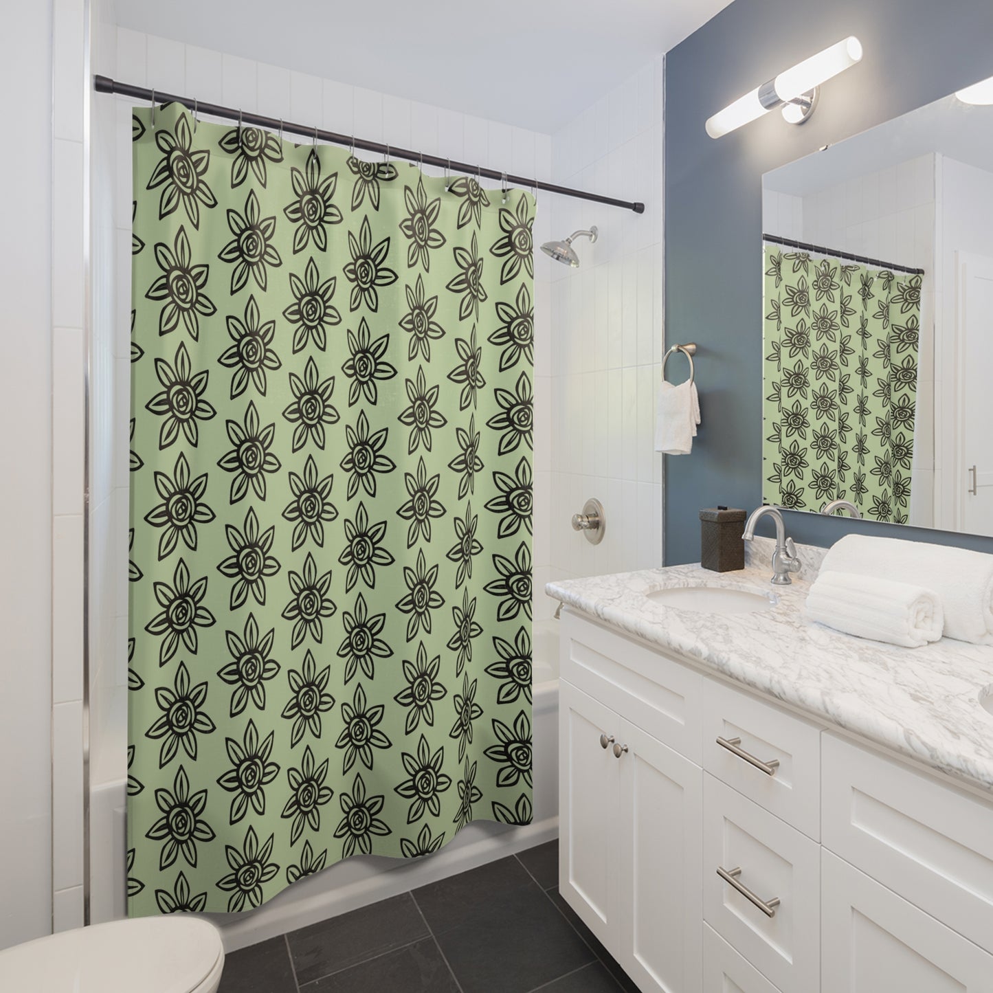 Floral Pattern Shower Curtain, Botanical Bathroom Decor, Green Floral Curtains, Modern Home Accessory, Flower Shower Curtain