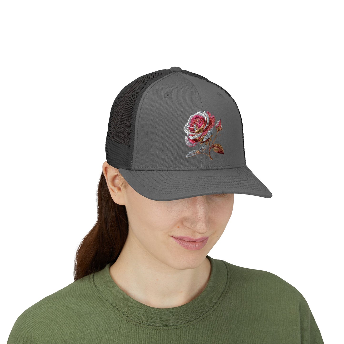 Rose Embellished Snapback Trucker Cap, Casual Hat for Outdoor Events, Gift for Flower Lovers, Stylish Fashion Accessory, Holiday Cap