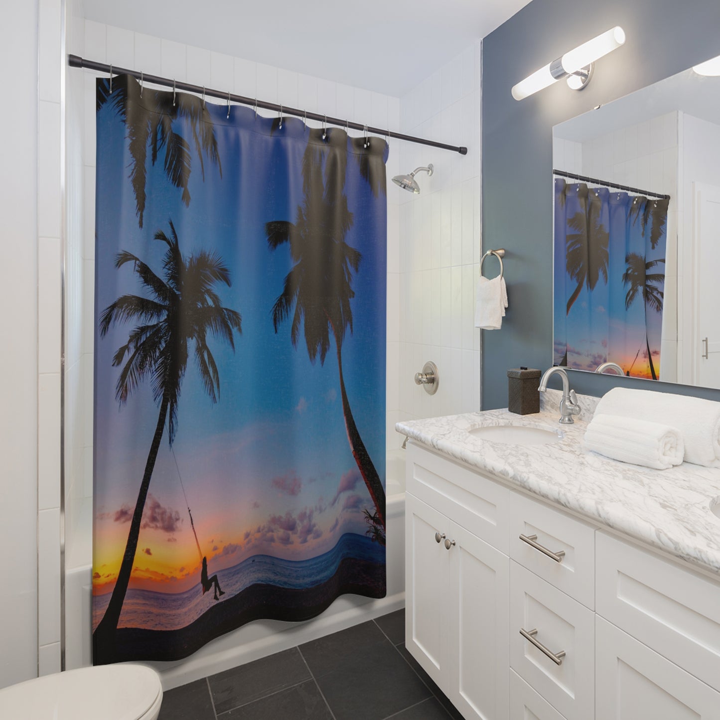 Tropical Sunset Shower Curtain - Relaxing Beach Vibes, Bathroom Decor, Home Oasis, Gift for Nature Lovers, Tropical Theme
