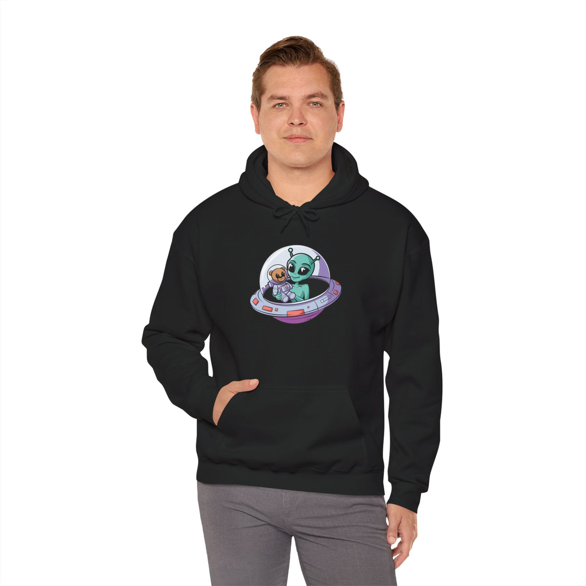 Cute Alien and Kid Hoodie, Unisex Heavy Blend Sweatshirt, UFO Lover Gift, Halloween Costume, Space-Themed Outfit, Birthday Present