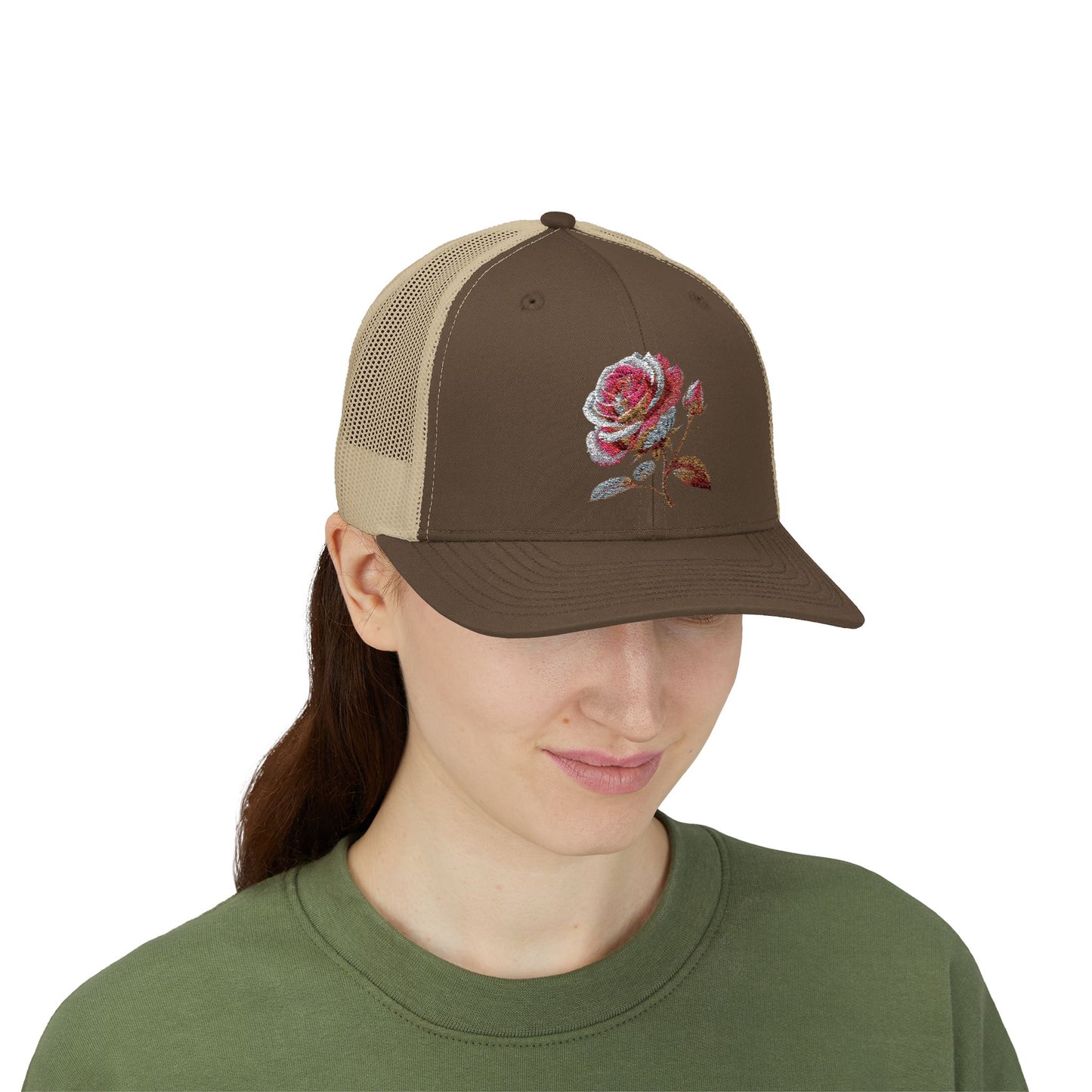 Rose Embellished Snapback Trucker Cap, Casual Hat for Outdoor Events, Gift for Flower Lovers, Stylish Fashion Accessory, Holiday Cap