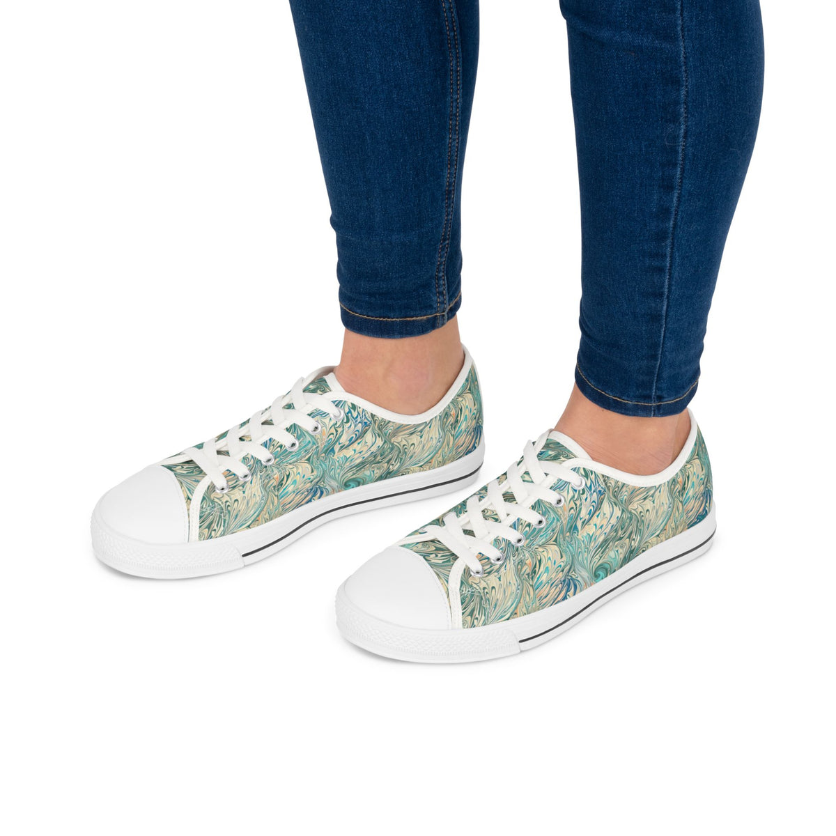 Low Top Sneakers — Teal Swirl Floral Pattern Casual Shoes