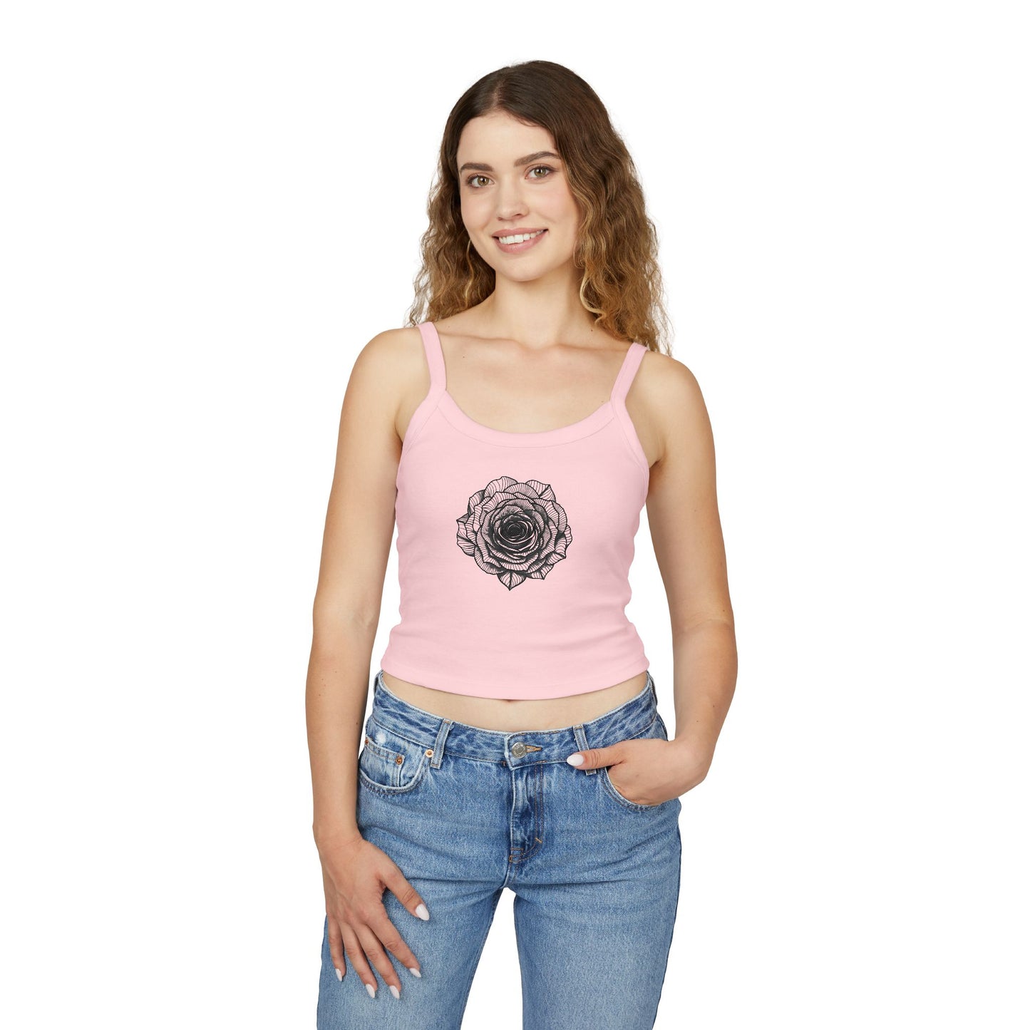 Chic Women's Spaghetti Strap Tank Top with Black Lace Rose Design, Casual Summer Wear, Festival Top, Gift for Her, Layering Essential