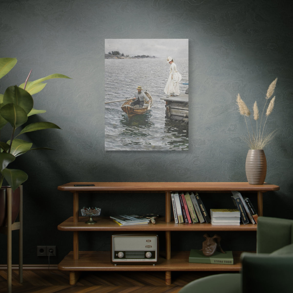 Seaside Stroll Canvas Print — Vintage Woman & Rowboat Matte Stretched Art 1.25"