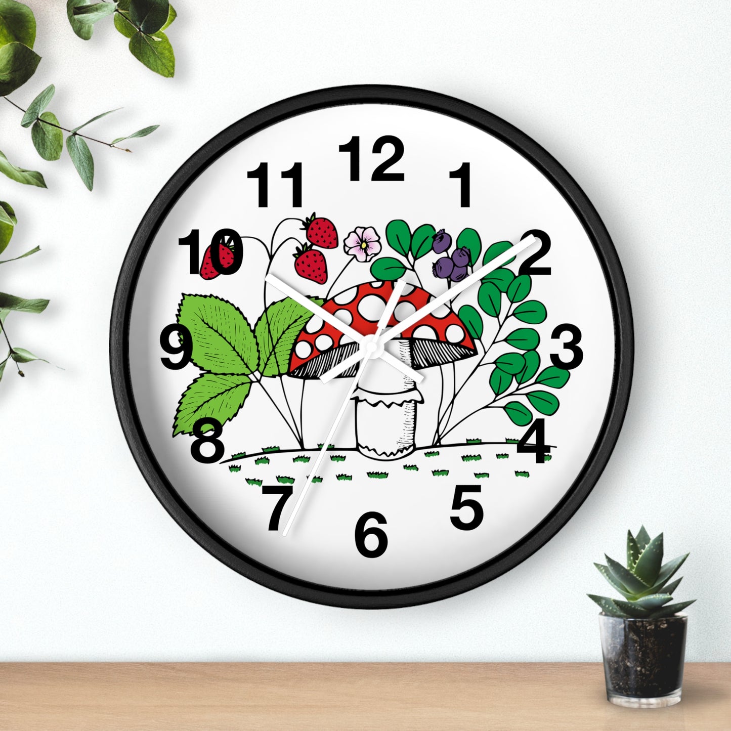 Charming Nature-Inspired Wall Clock with Mushroom and Berries, Home Decor, Rustic Clock, Gift for Nature Lovers, Boho Wall Art