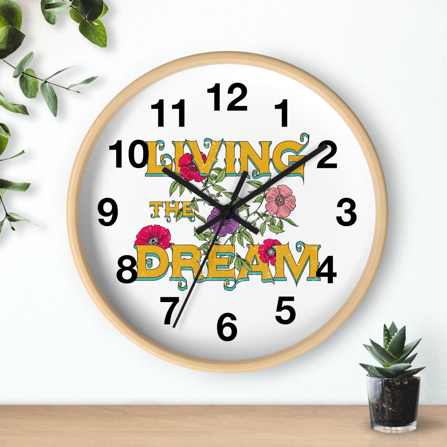 Living the Dream Floral Wall Clock, Boho Home Decor, Motivational Gift, Office Clock, Unique Wall Art