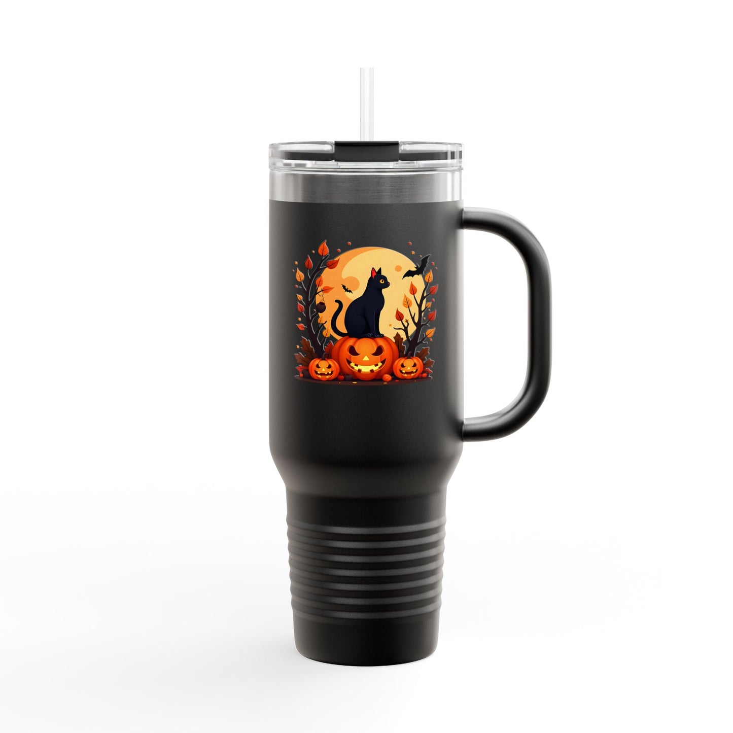 Halloween Cat Insulated Travel Mug | 40oz, Fall Coffee Tumbler, Pumpkin Travel Cup, Spooky Drinkware, Gift for Cat Lovers