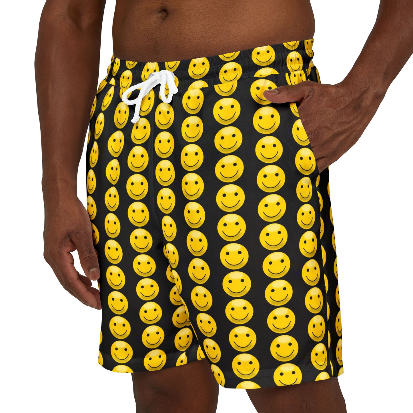 Happy Emoji Swim Shorts, Unisex Beach Shorts, Fun Summer Swimwear, Vacation Ready Swim Trunks, Cute Pool Party Attire
