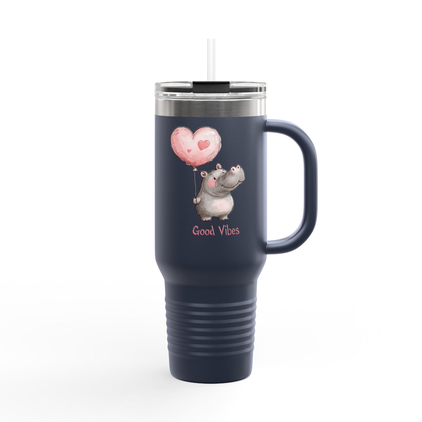 Cute Hippo Good Vibes Insulated Travel Mug | 40oz | Fun Drinkware | Perfect for Travel, Gifts, Picnic, or Daily Use