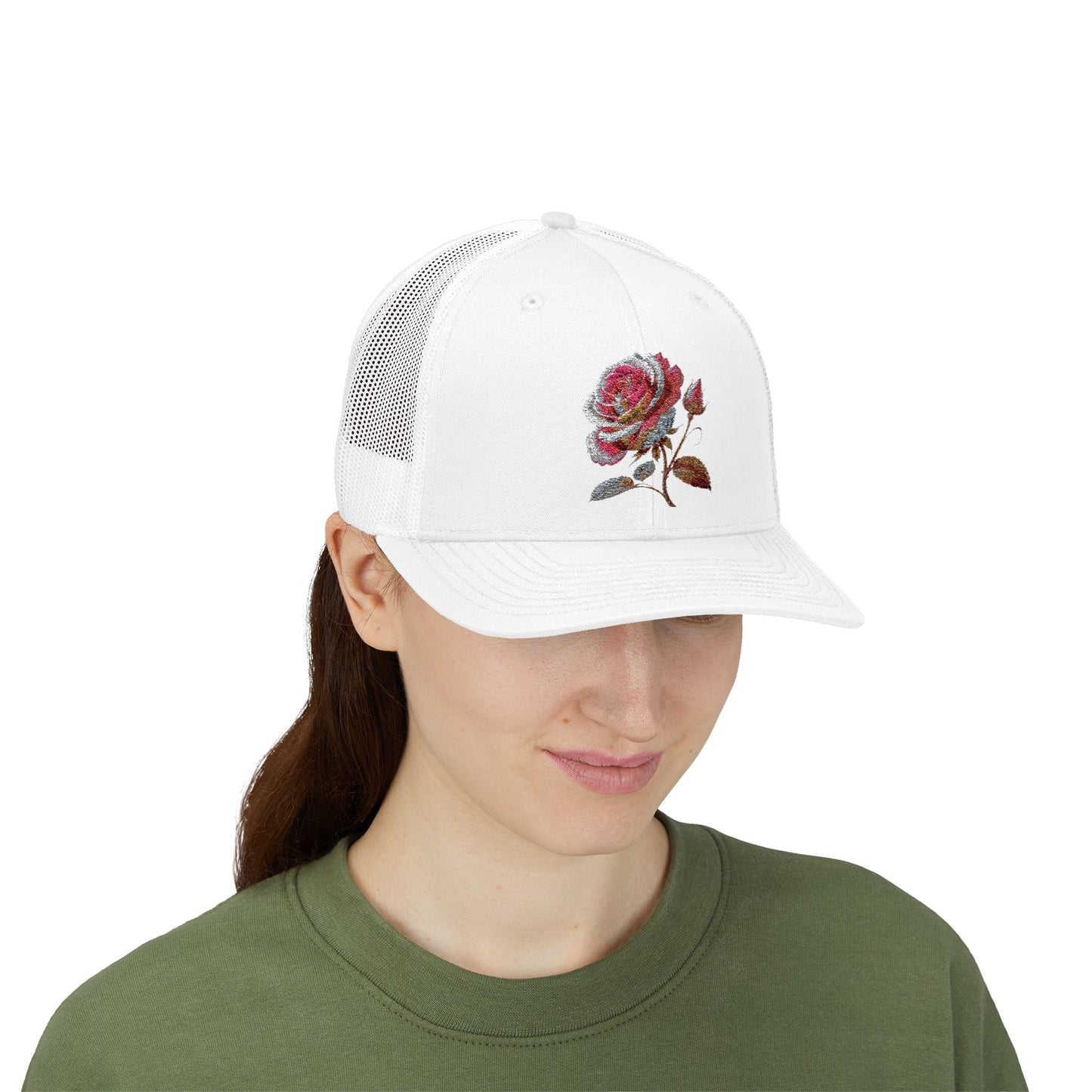 Rose Embellished Snapback Trucker Cap, Casual Hat for Outdoor Events, Gift for Flower Lovers, Stylish Fashion Accessory, Holiday Cap