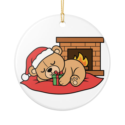 Sleeping Teddy Bear Christmas Ornament — Ceramic Holiday Tree Decoration (2-Sided)