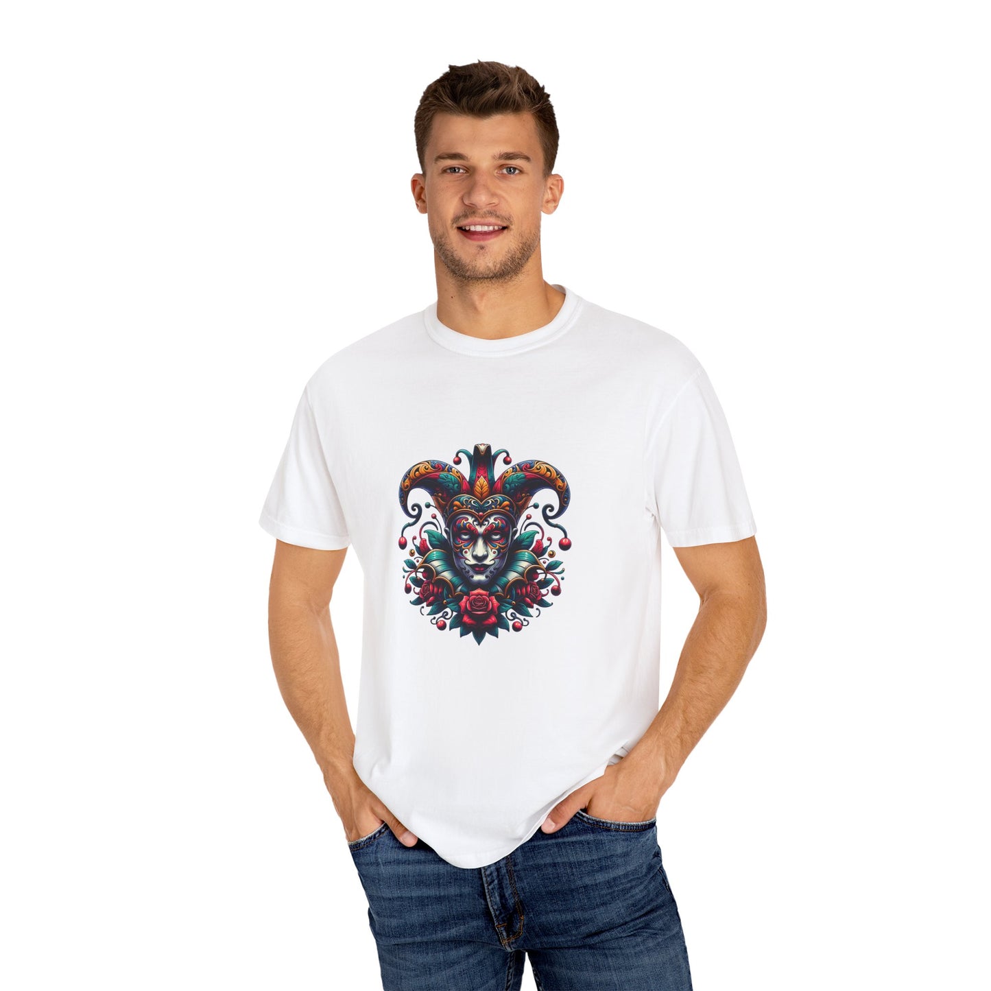 Vibrant Unisex Garment-Dyed T-shirt Featuring Colorful Jester Design, Festival Fashion