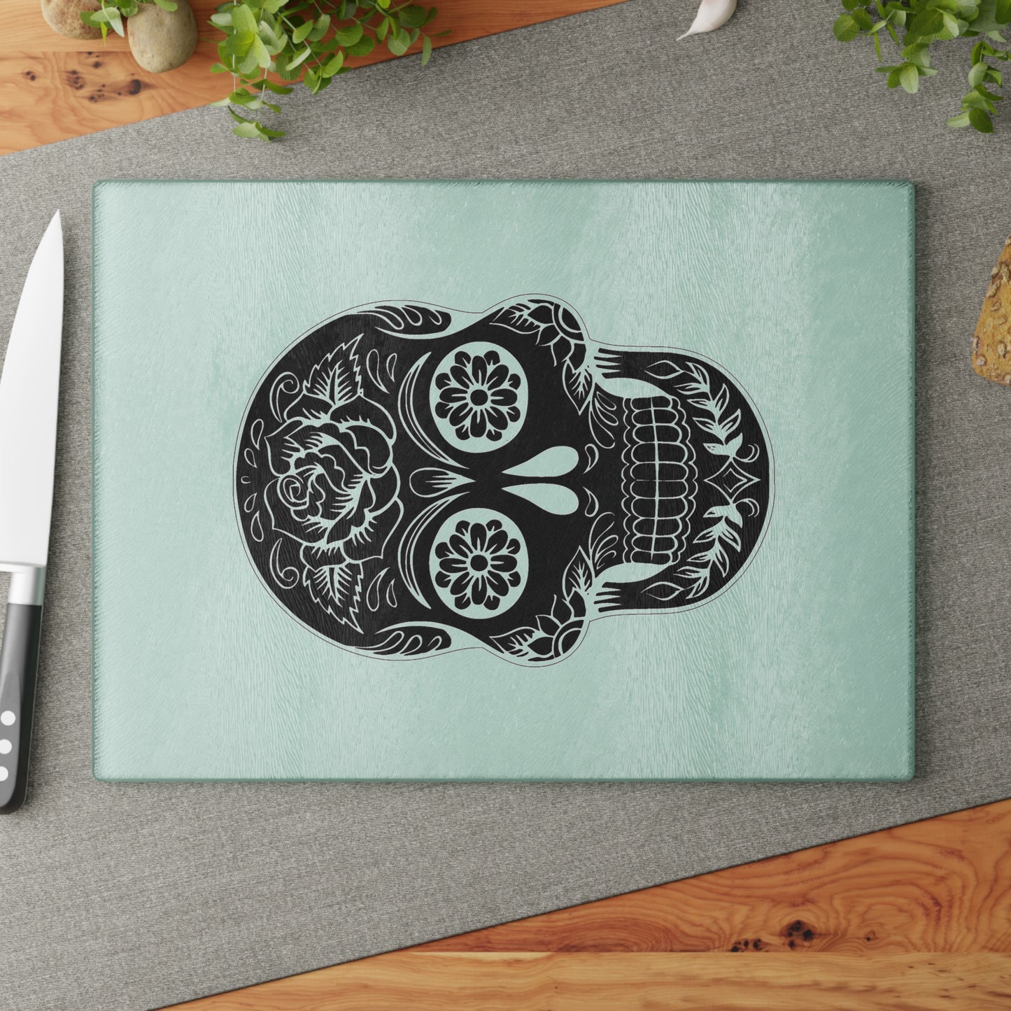 Decorative Glass Cutting Board - Sugar Skull Design, Kitchen Decor, Gift for Home Cooks, Day of the Dead, Unique Cookware