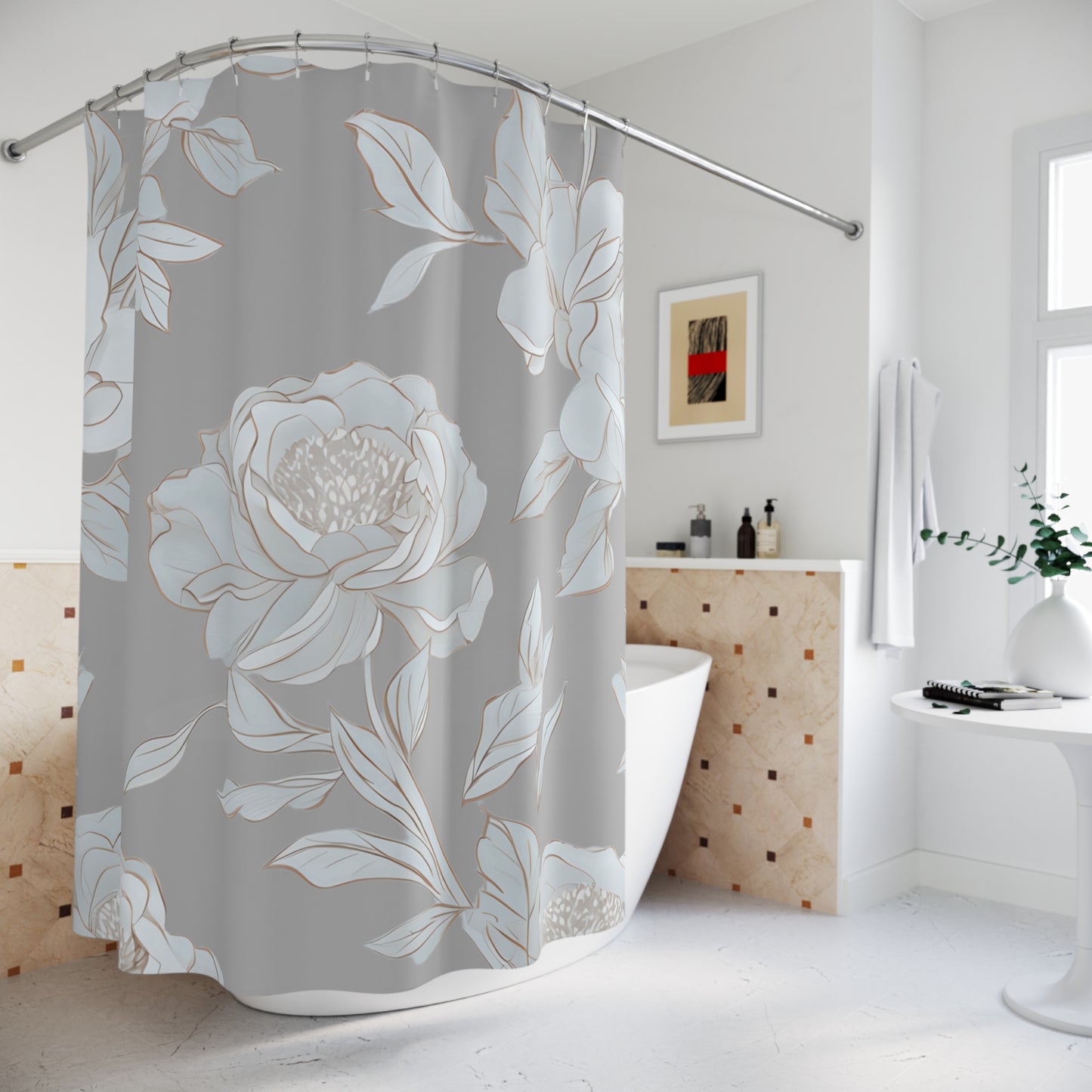 Elegant Floral Shower Curtain, Boho Bathroom Decor