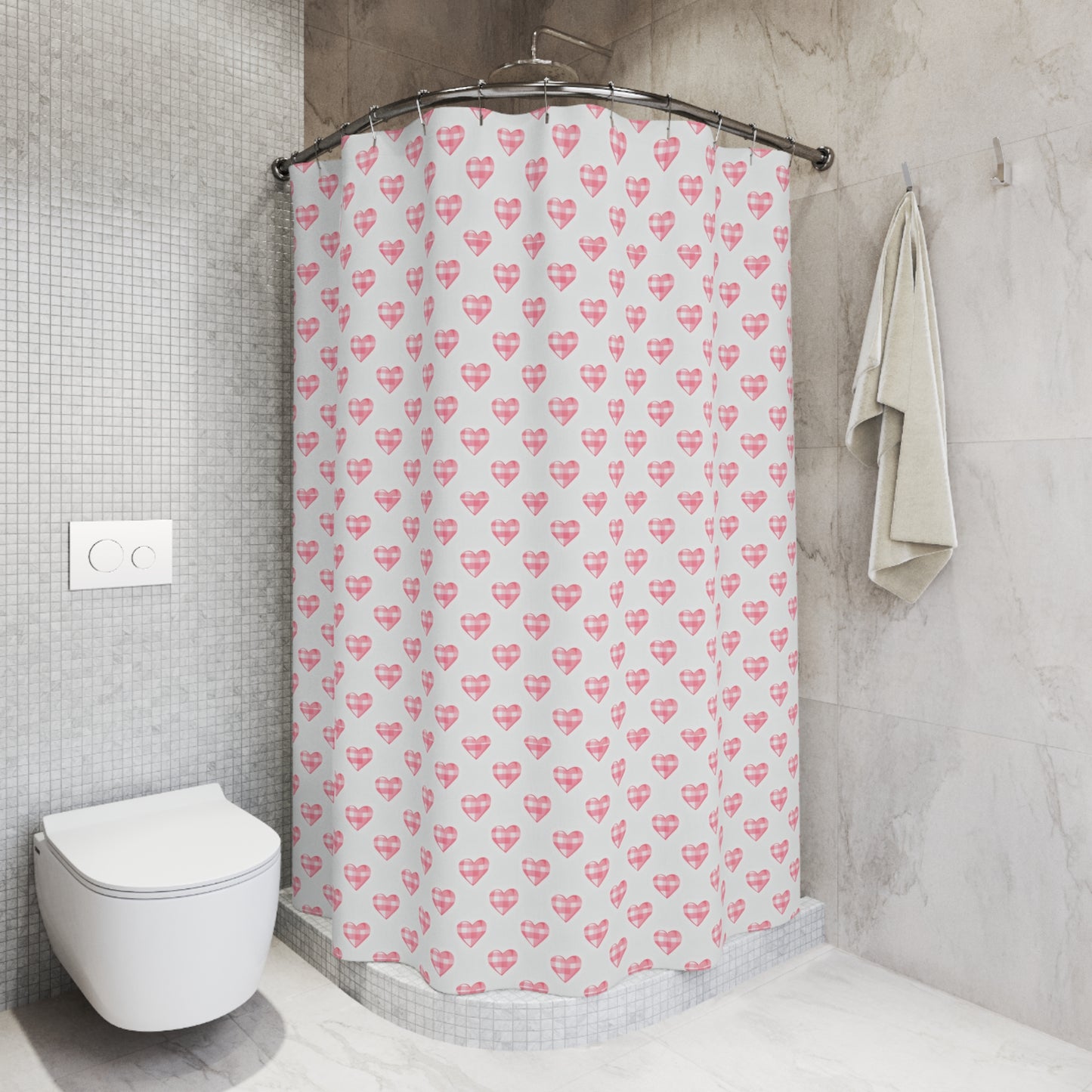 Pink Gingham Heart Shower Curtain — Romantic Valentine Bathroom Decor