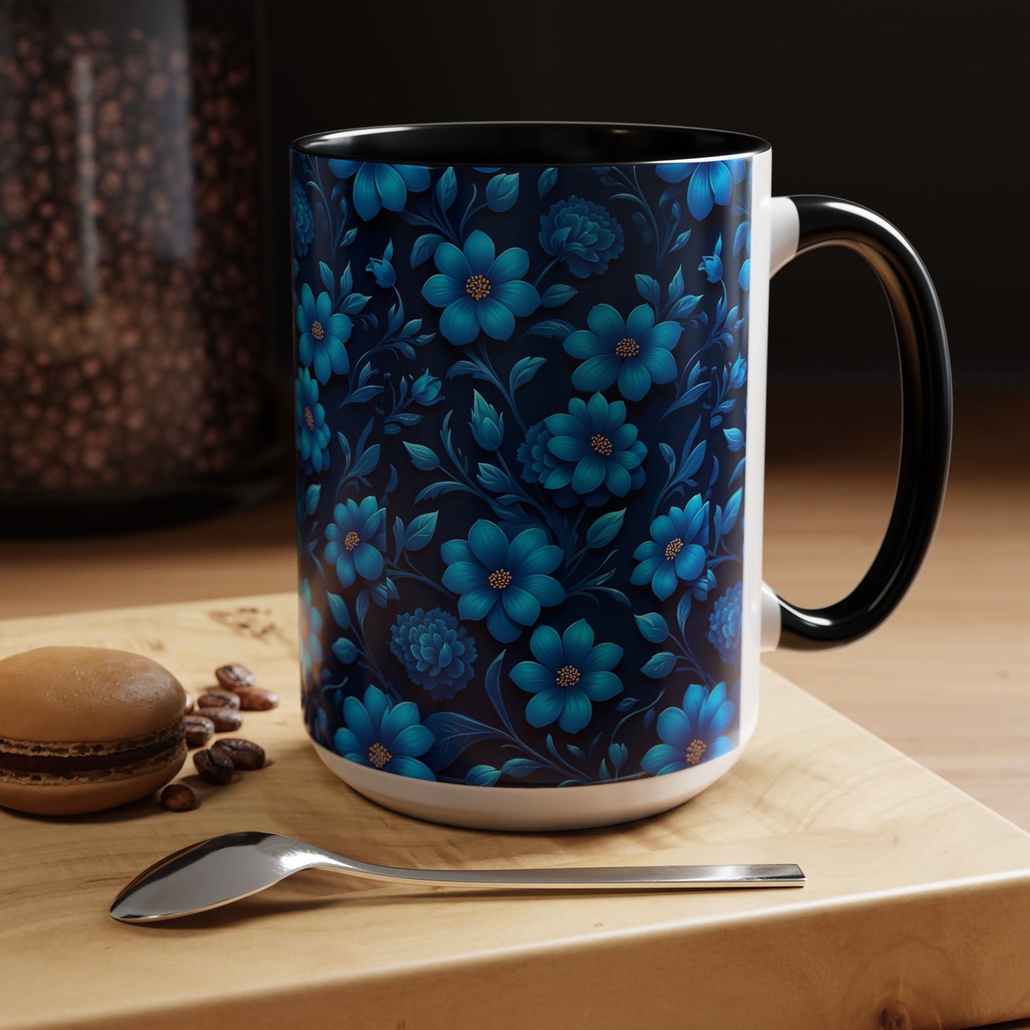 Floral Accent Coffee Mug, Blue Flower Mug, Ceramic Coffee Cup, Gift for Her, Nature-Themed Drinkware, Floral Home Decor, Unique Mug