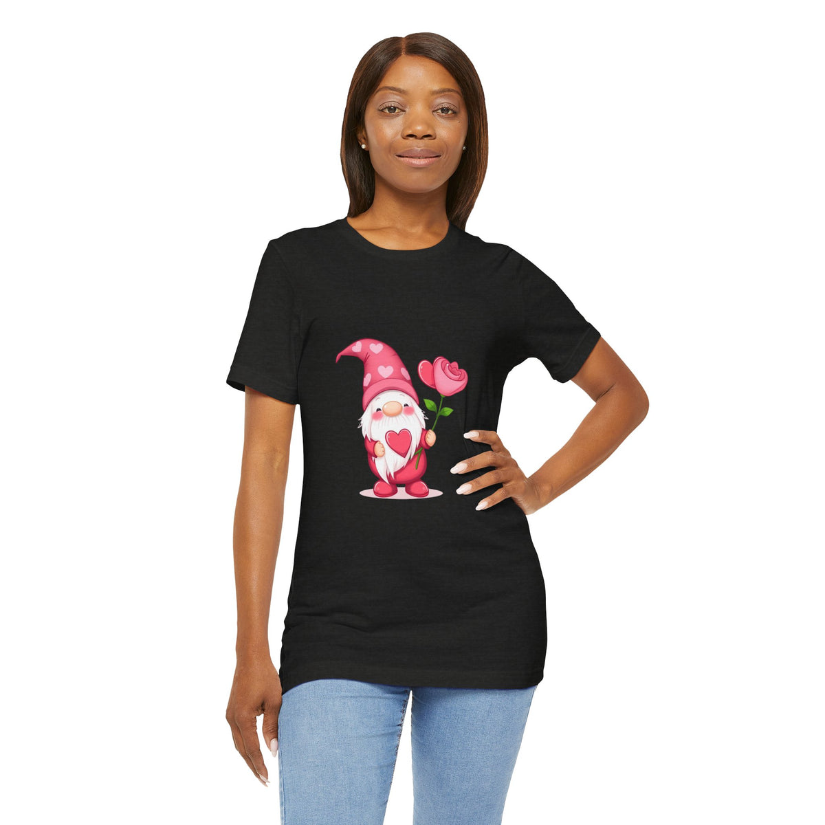 Valentine Gnome T‑Shirt — Cute Pink Gnome Holding Rose Tee