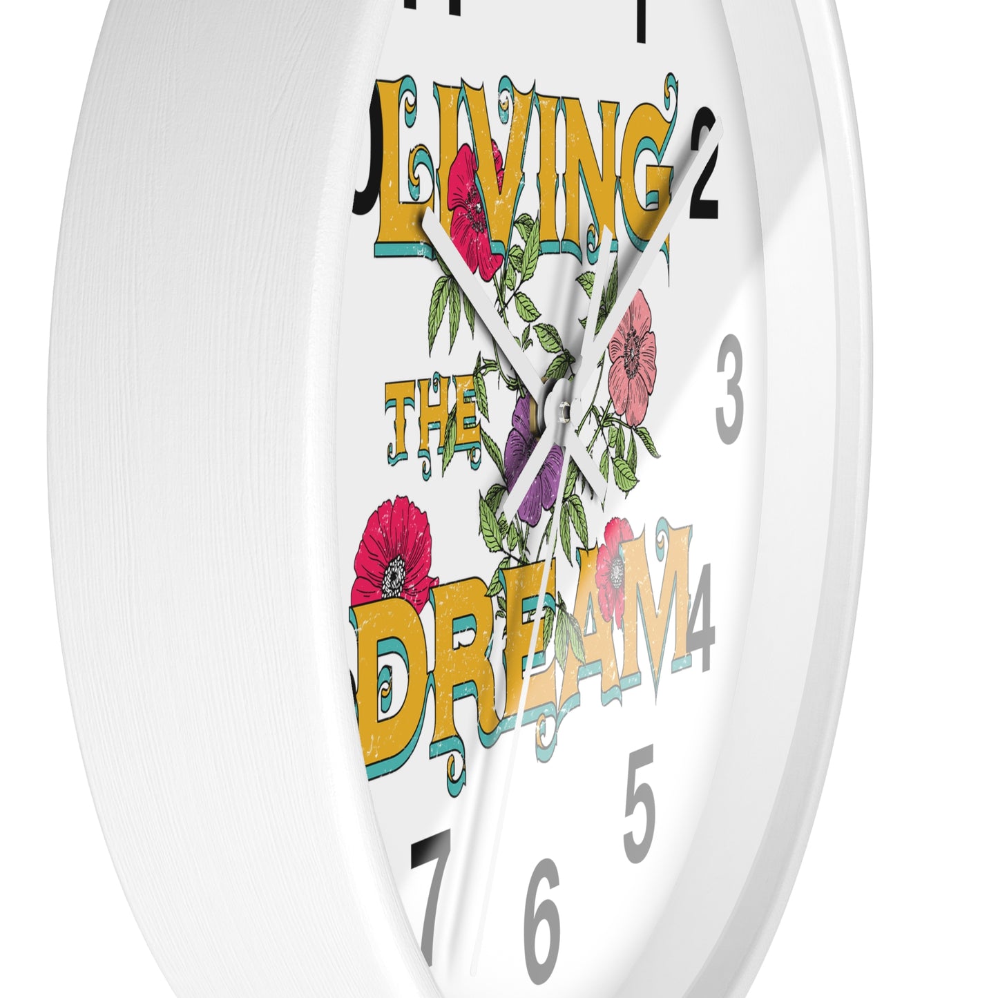 Living the Dream Floral Wall Clock, Boho Home Decor, Motivational Gift, Office Clock, Unique Wall Art