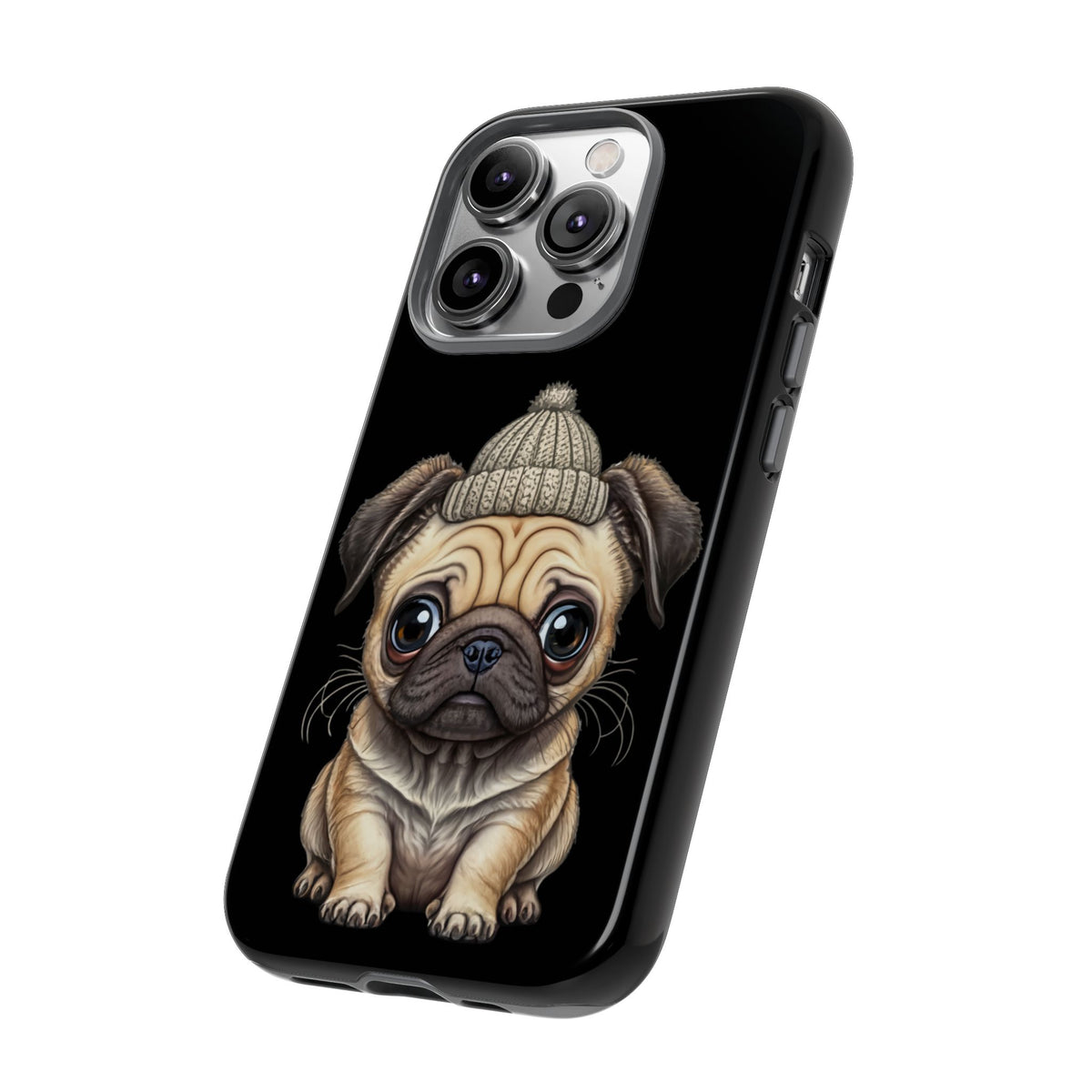 Pug Phone Case – Cute Pug Puppy Illustration on Black Tough Case