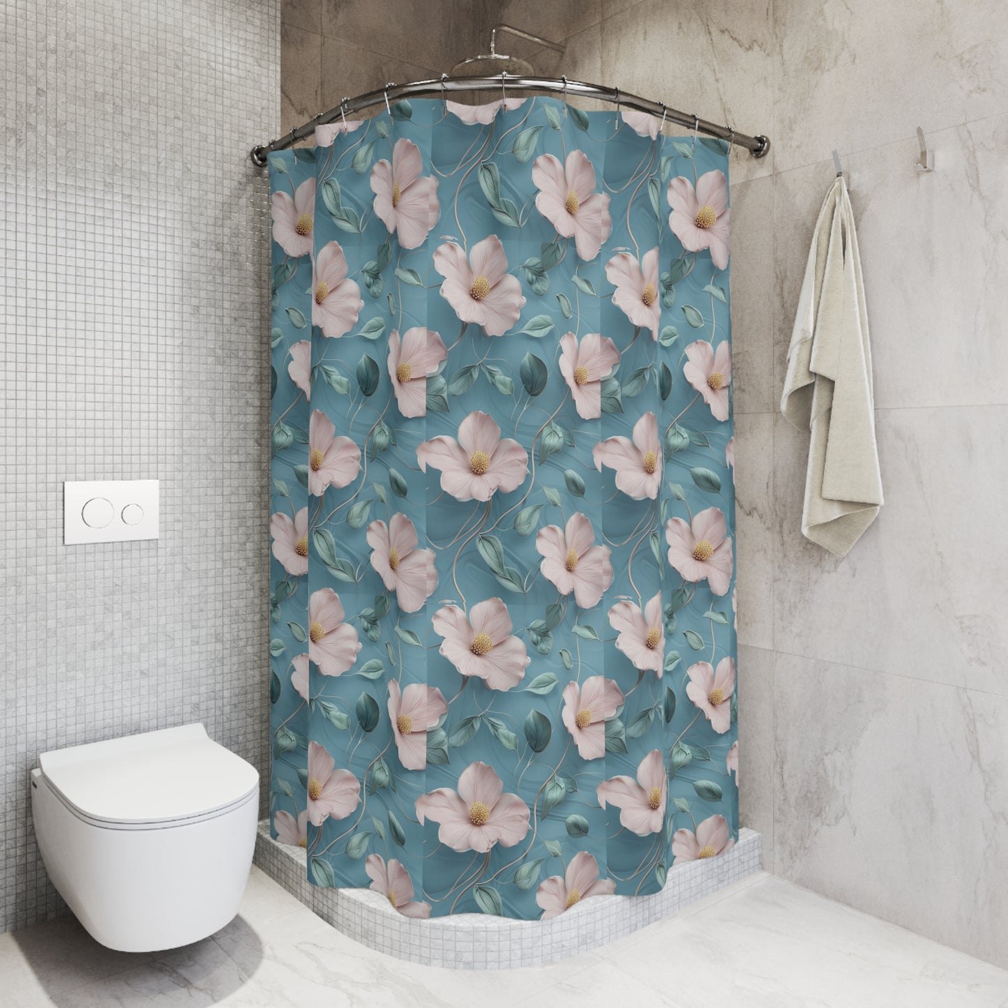 Floral Shower Curtain – Pink Blossoms on Teal Botanical Bathroom Decor