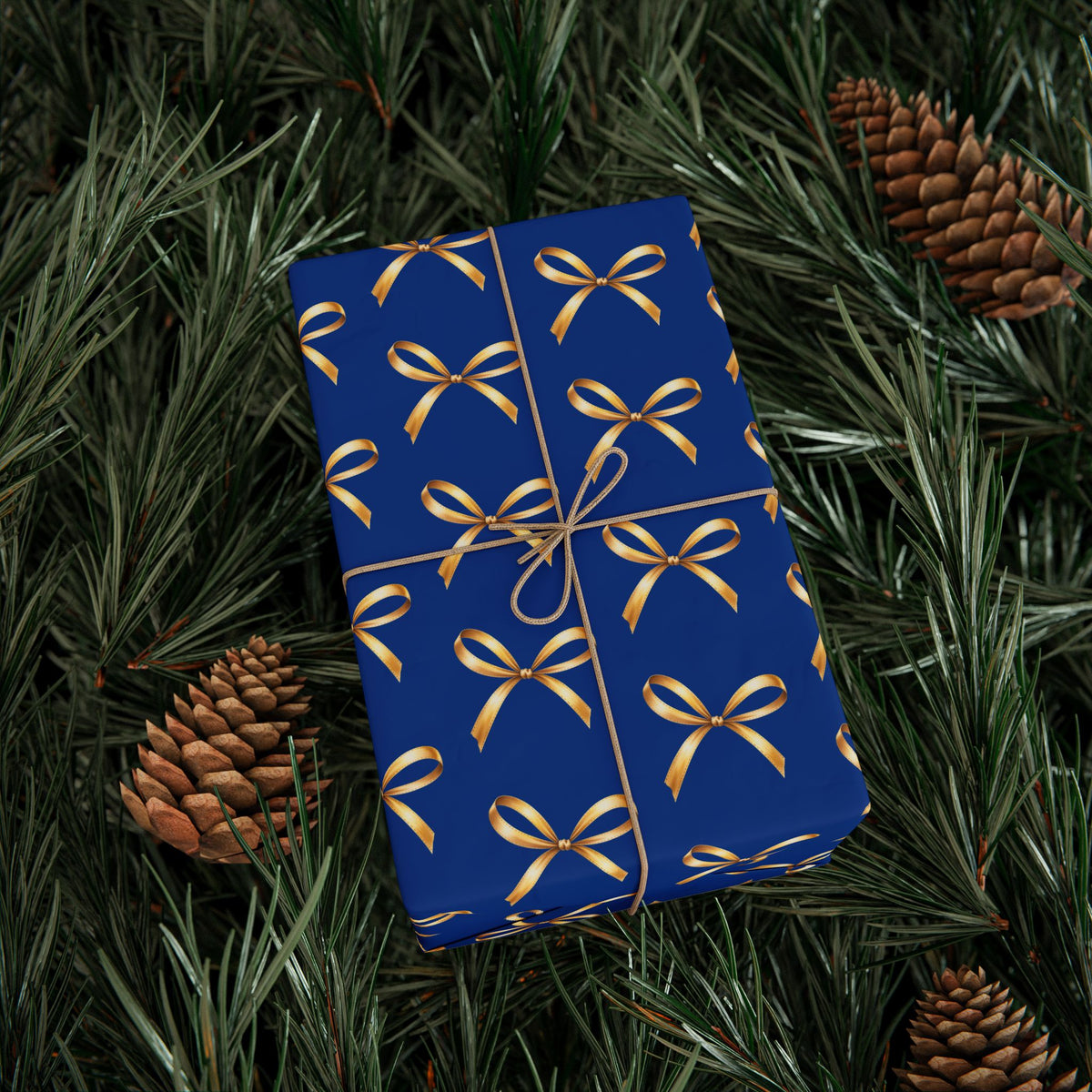 Wrapping Paper — Blue Gift Wrap with Gold Ribbon Pattern
