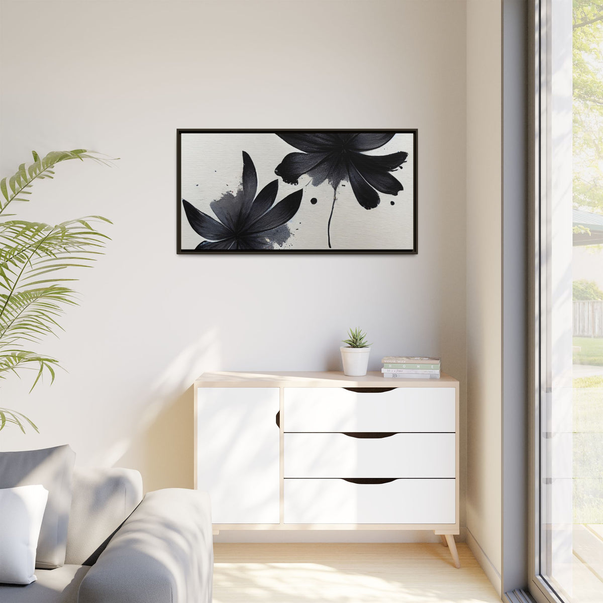 Framed Black Floral Matte Canvas Wall Art — Monochrome Botanical Print
