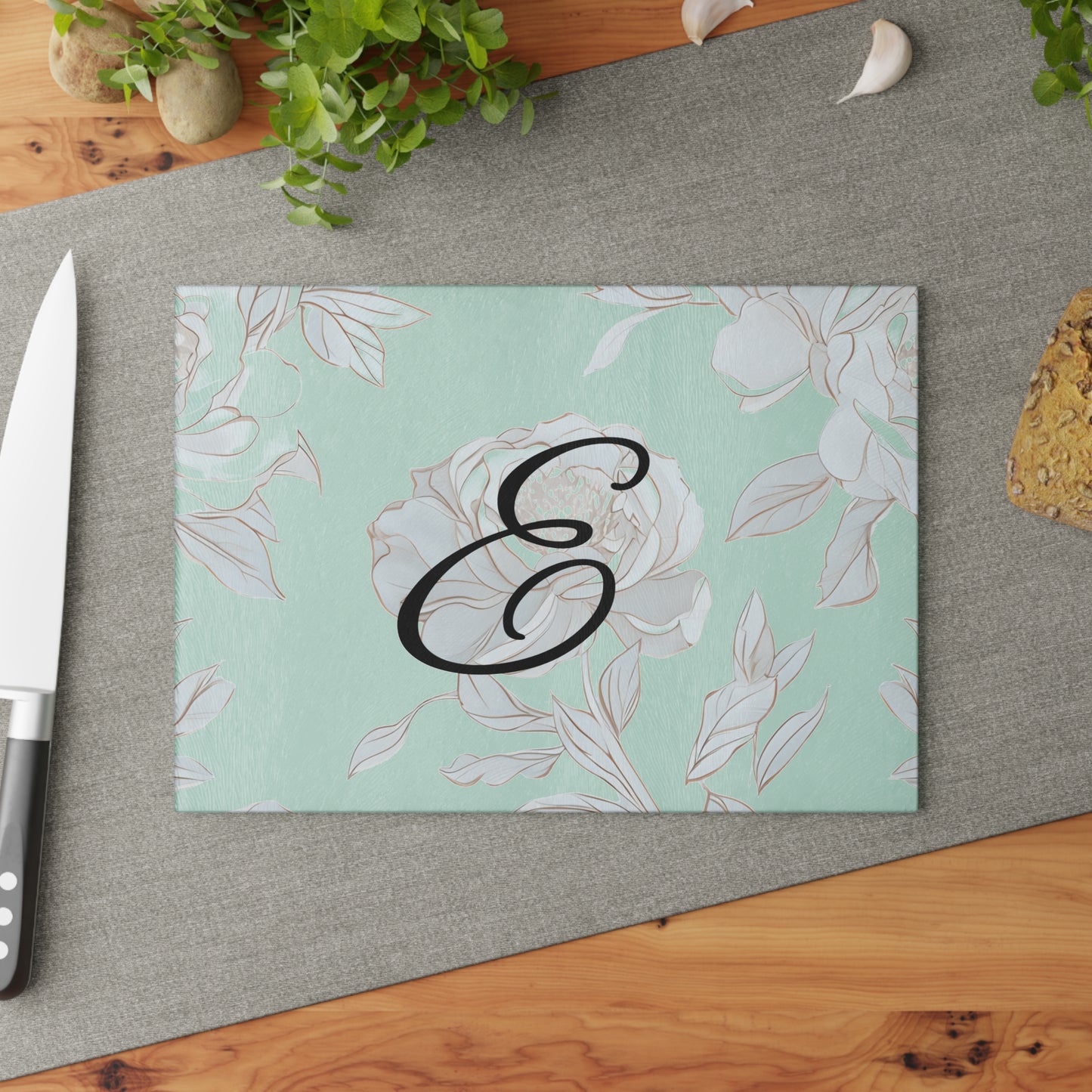 Personalized Floral Glass Cutting Board - Elegant Kitchen Decor, Unique Gift, Wedding Registry, Housewarming, Custom Monogram