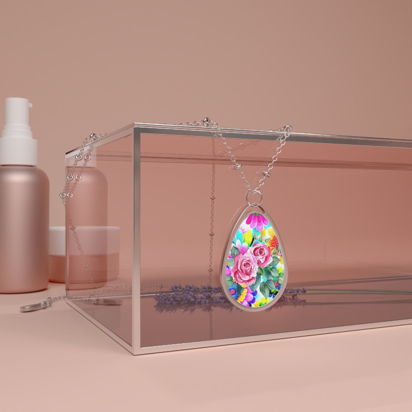 Colorful Floral Oval Necklace, Boho Jewelry, Gift for Her, Summer Accessory, Handmade Necklace, Birthday Gift