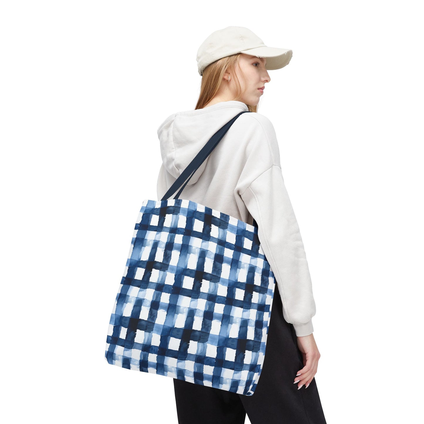 Blue Watercolor Plaid Tote Bag — Navy Check Pattern All-Over Print