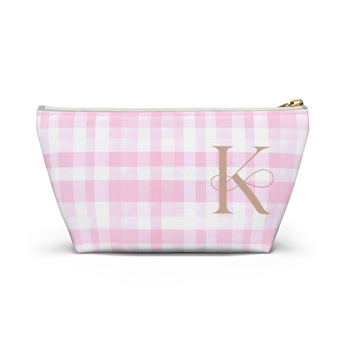 Personalized Pink Gingham Accessory Pouch, Makeup Bag - Letter K