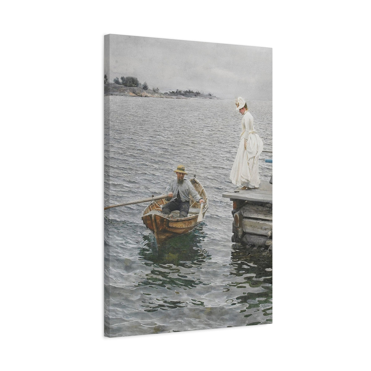 Seaside Stroll Canvas Print — Vintage Woman & Rowboat Matte Stretched Art 1.25"