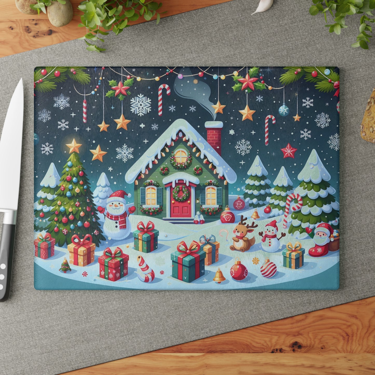 Festive Glass Cutting Board - Christmas Kitchen Decor, Holiday Gifts, Unique Home Accents, Seasonal Cooking