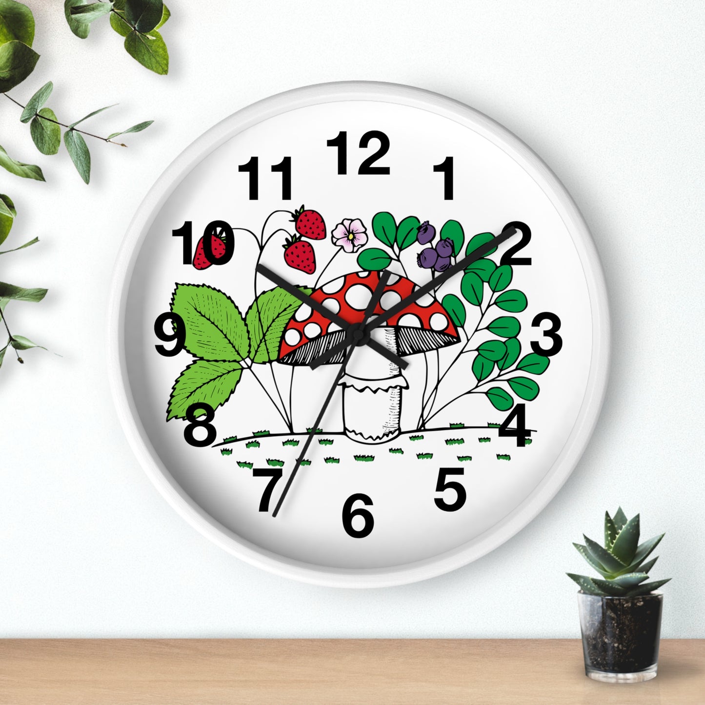Charming Nature-Inspired Wall Clock with Mushroom and Berries, Home Decor, Rustic Clock, Gift for Nature Lovers, Boho Wall Art