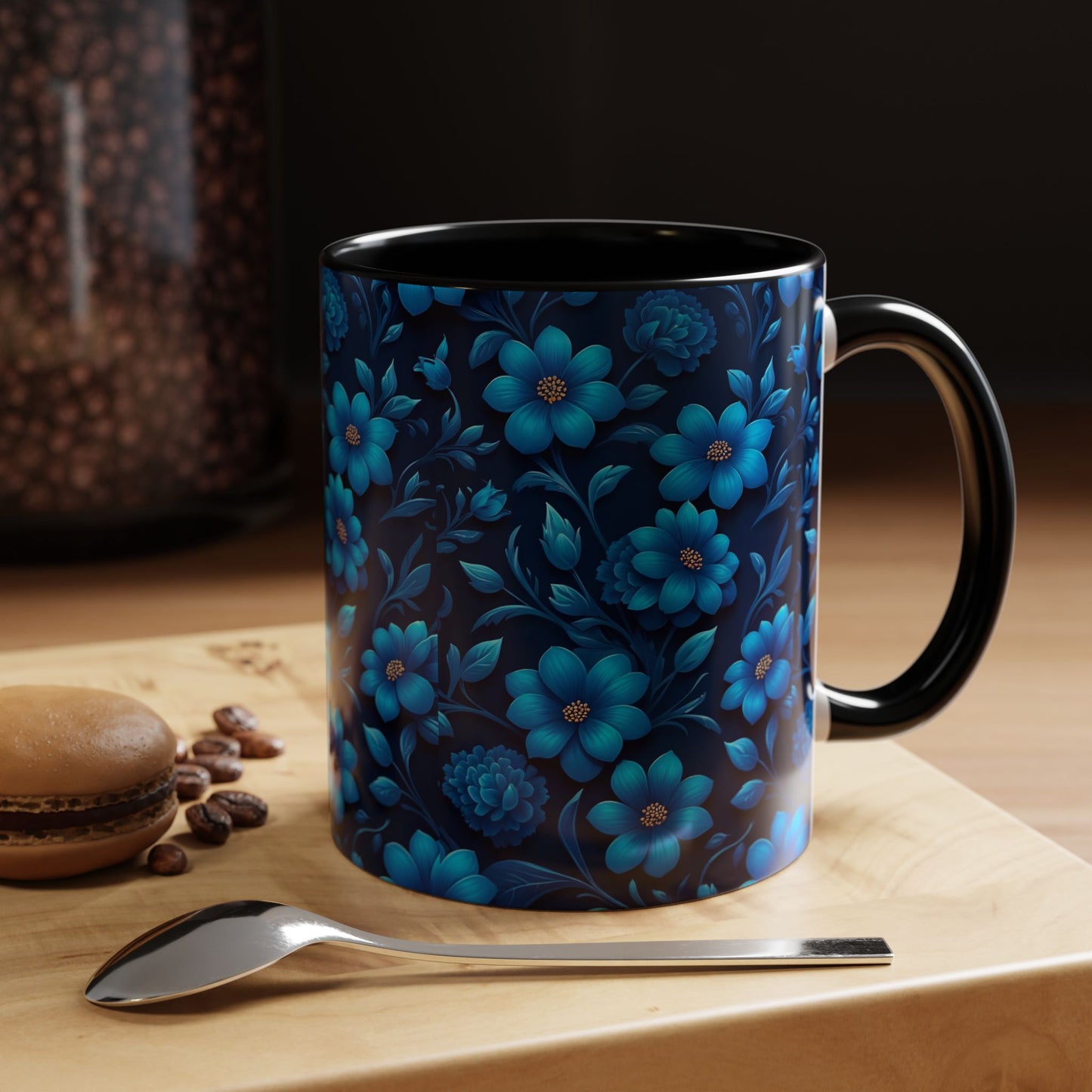 Floral Accent Coffee Mug, Blue Flower Mug, Ceramic Coffee Cup, Gift for Her, Nature-Themed Drinkware, Floral Home Decor, Unique Mug