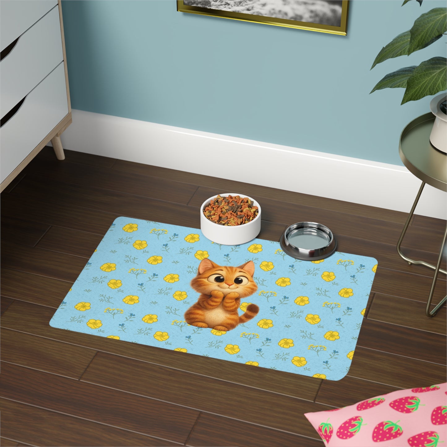 Cute Orange Kitten Pet Food Mat (12x18) — Non-Slip Cat Feeding Placemat with Floral Blue Background