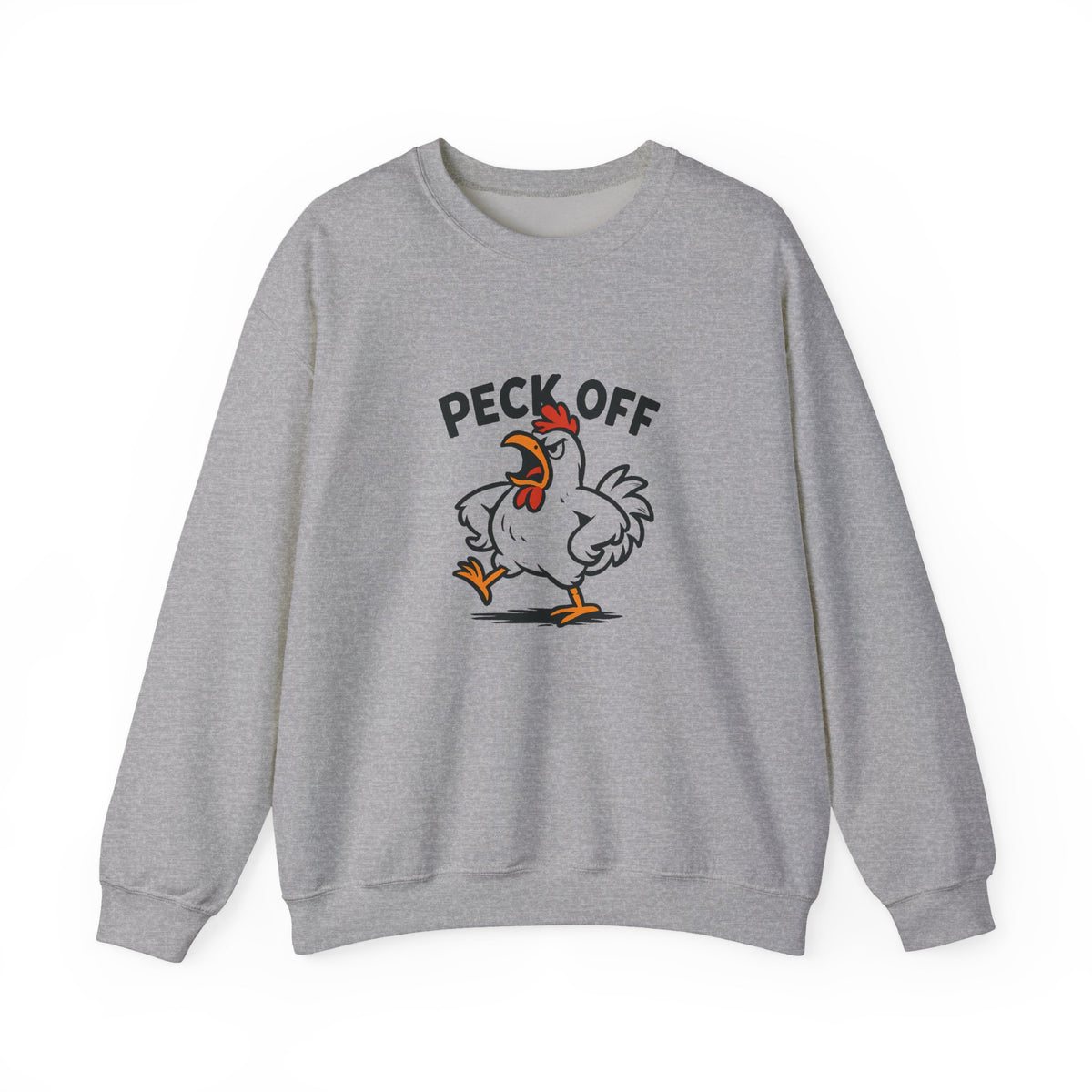 Crewneck Sweatshirt — 'Peck Off' Funny Angry Chicken Graphic