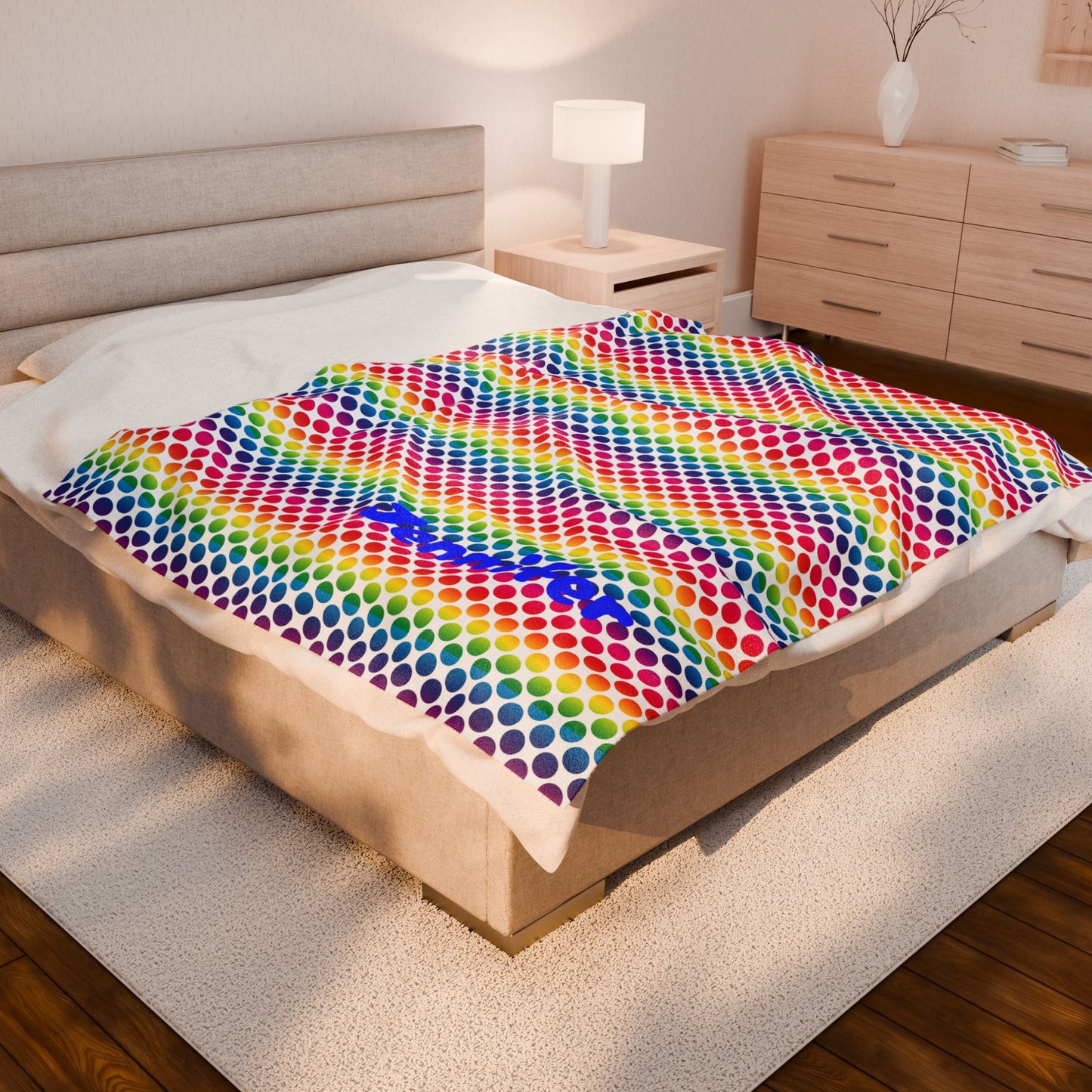 Personalized Velveteen Plush Blanket, Rainbow Polka Dot Throw, Cozy Home Decor, Gift for Kids, Custom Name Blanket, Soft Snuggle Blanket