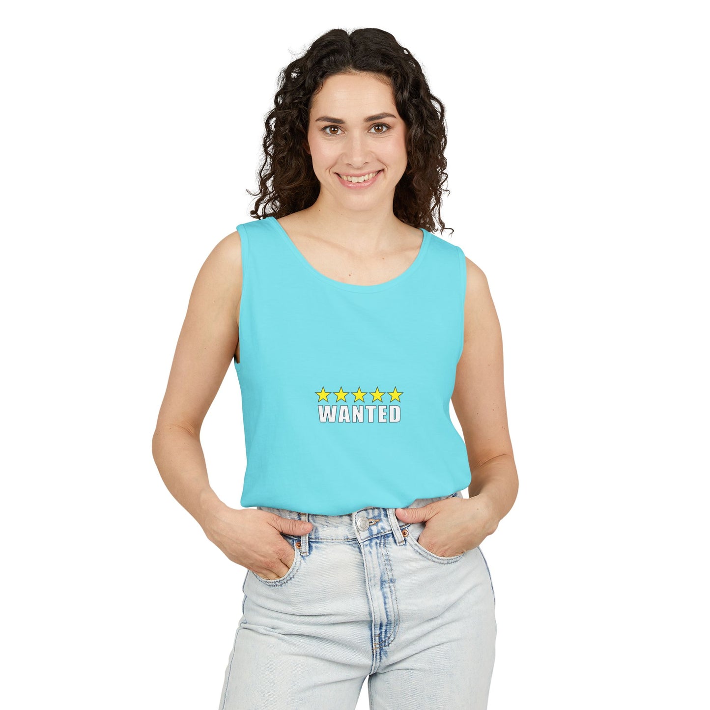 5-Star "WANTED" Garment-Dyed Tank Top, Unisex Summer Shirt, Gift for Him/Her, Trendy Casual Wear, Pool Party Outfit, Unique Graphic Tee