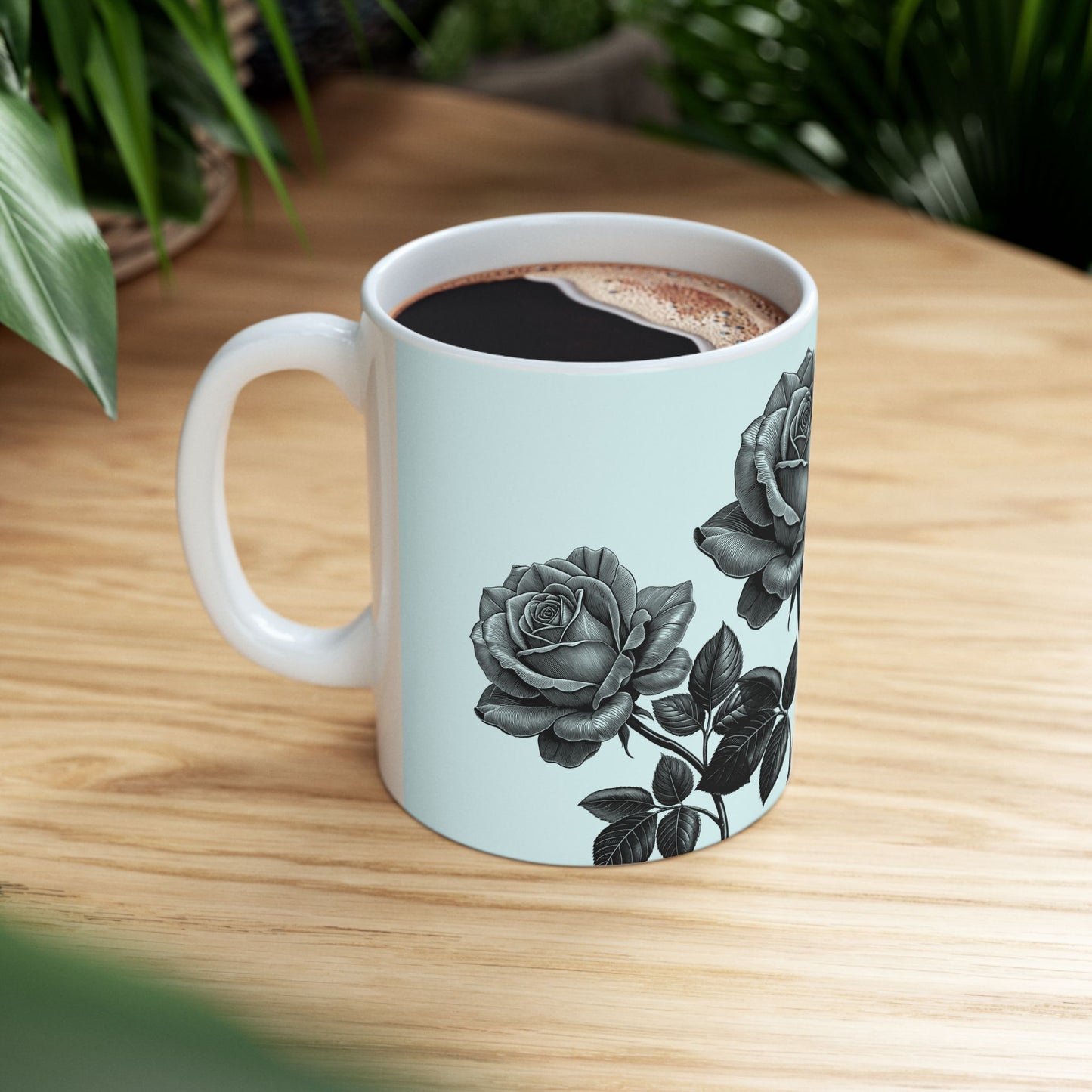 Elegant Floral Ceramic Mug - Black and White Rose Design, Coffee Cup, Gift for Her, Home Decor, Tea Lover's Perfect Mug