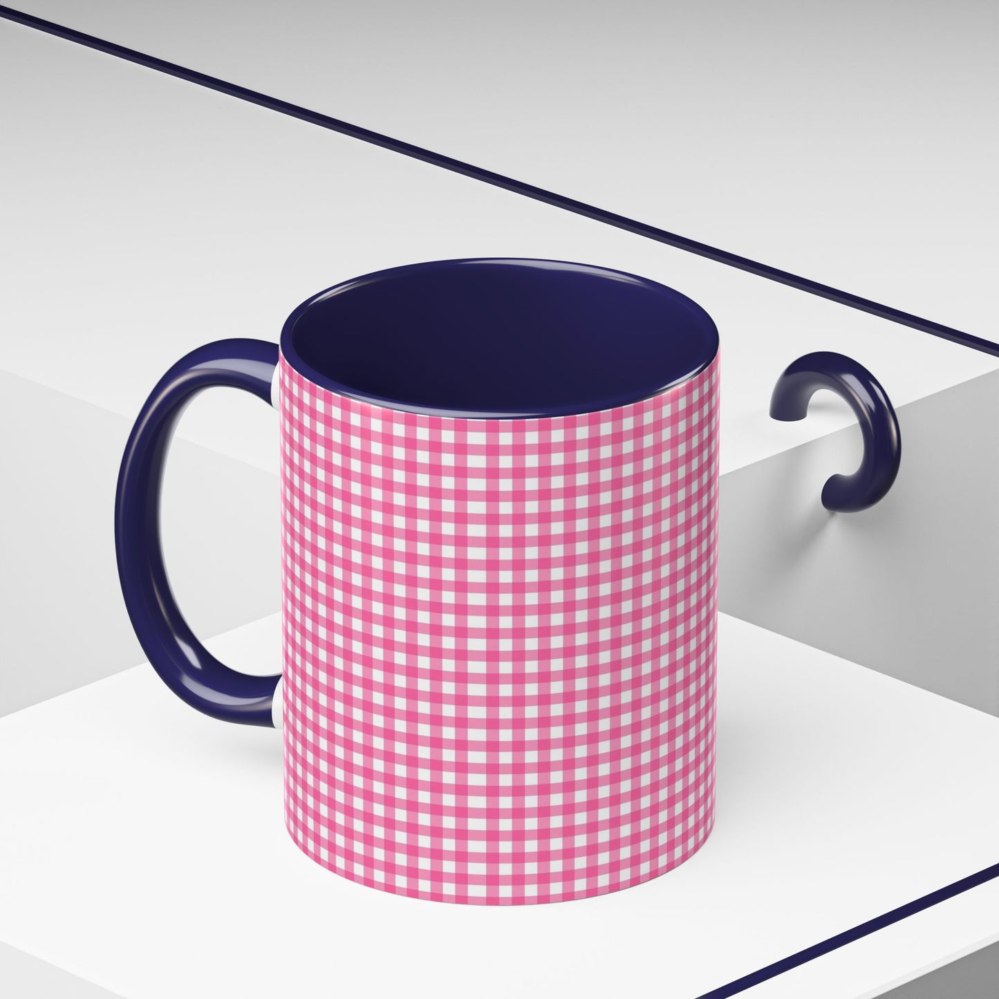 Pink Gingham Accent Coffee Mug, Cute Kitchen Decor, Gift for Coffee Lovers, Home Office Mug, Spring and Summer Vibes