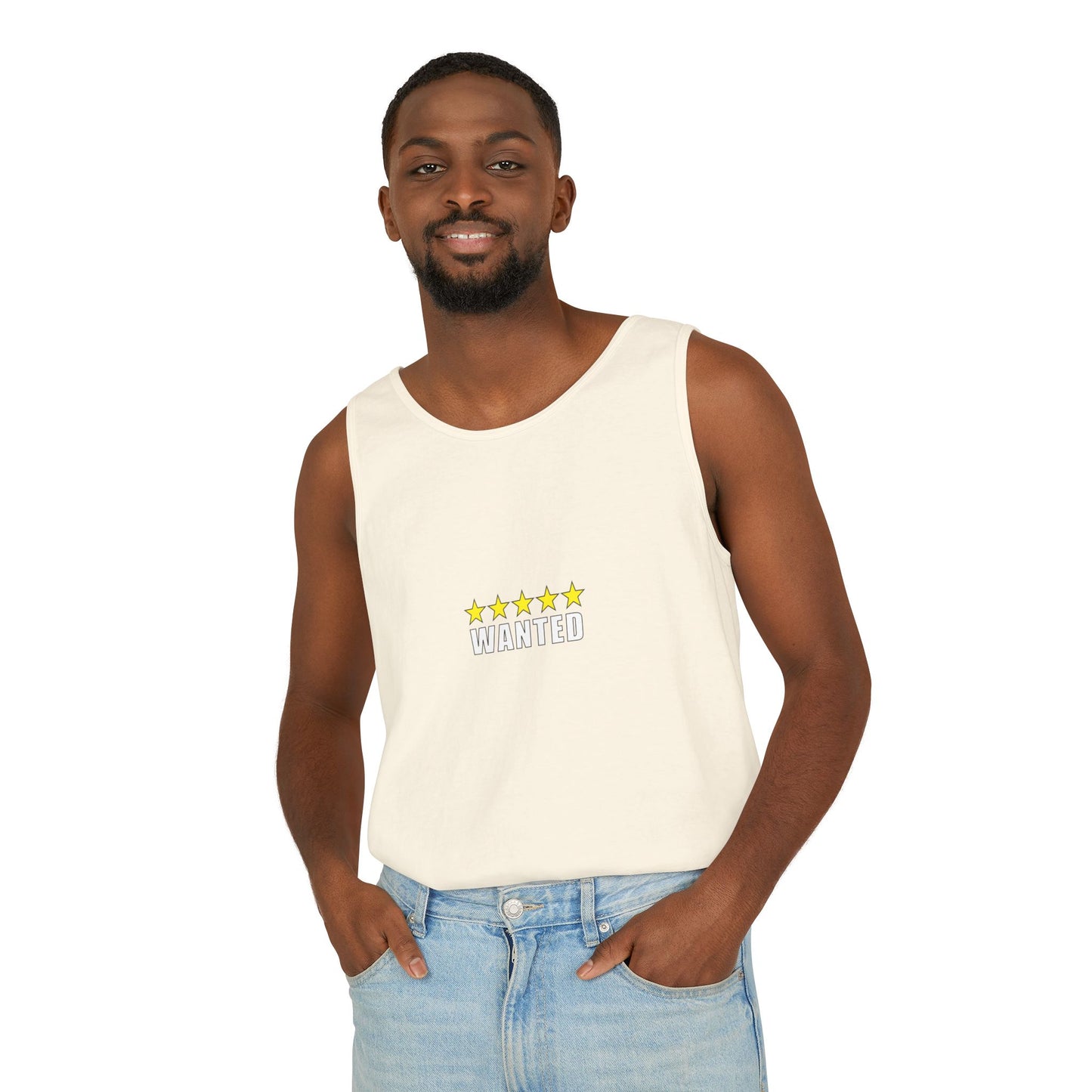 5-Star "WANTED" Garment-Dyed Tank Top, Unisex Summer Shirt, Gift for Him/Her, Trendy Casual Wear, Pool Party Outfit, Unique Graphic Tee