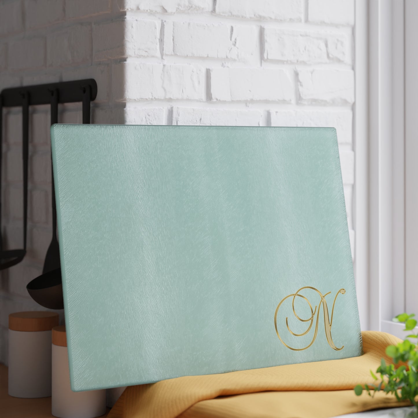 Monogram Glass Cutting Board — Mint or Clear Tempered Glass with Gold Script "N"