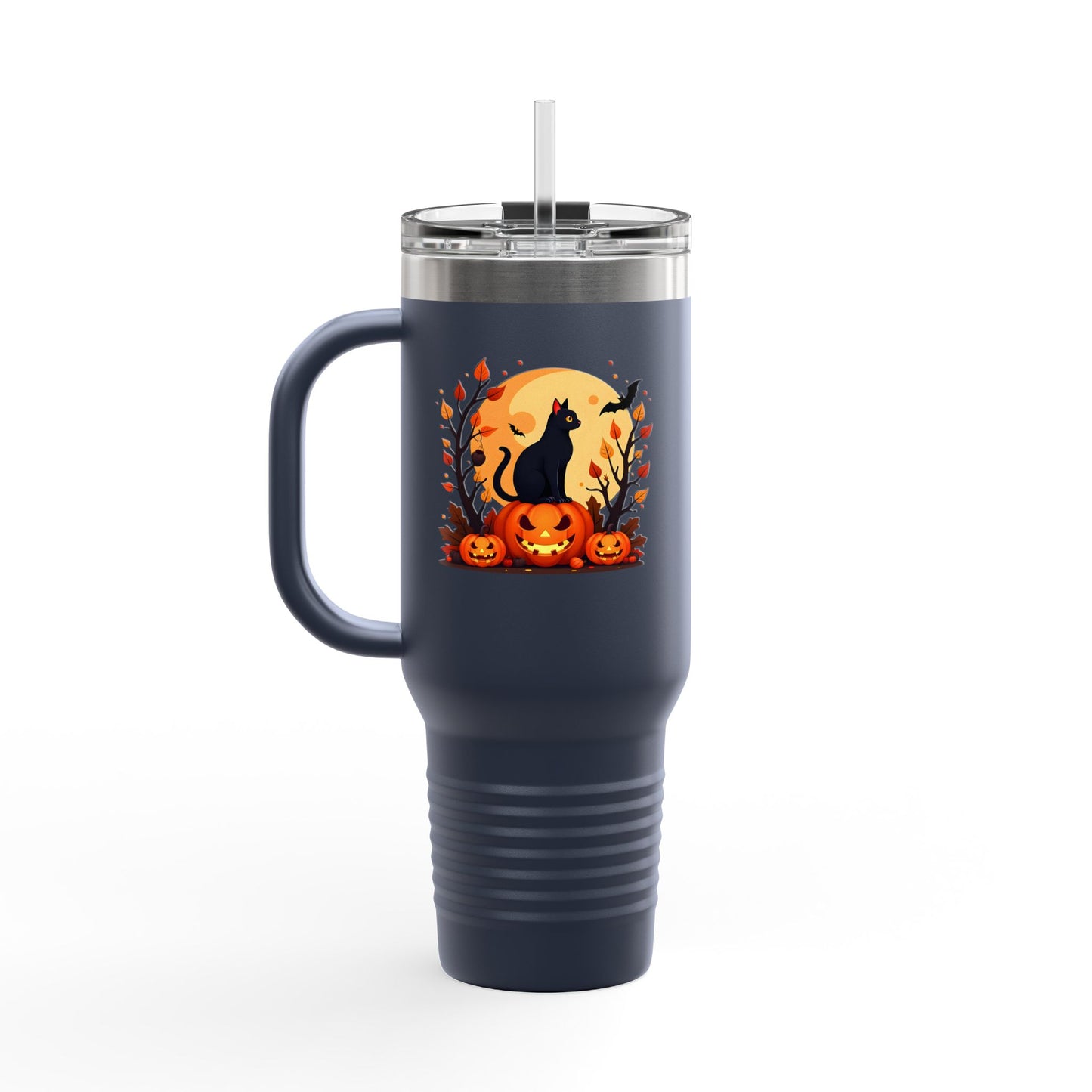 Halloween Cat Insulated Travel Mug | 40oz, Fall Coffee Tumbler, Pumpkin Travel Cup, Spooky Drinkware, Gift for Cat Lovers