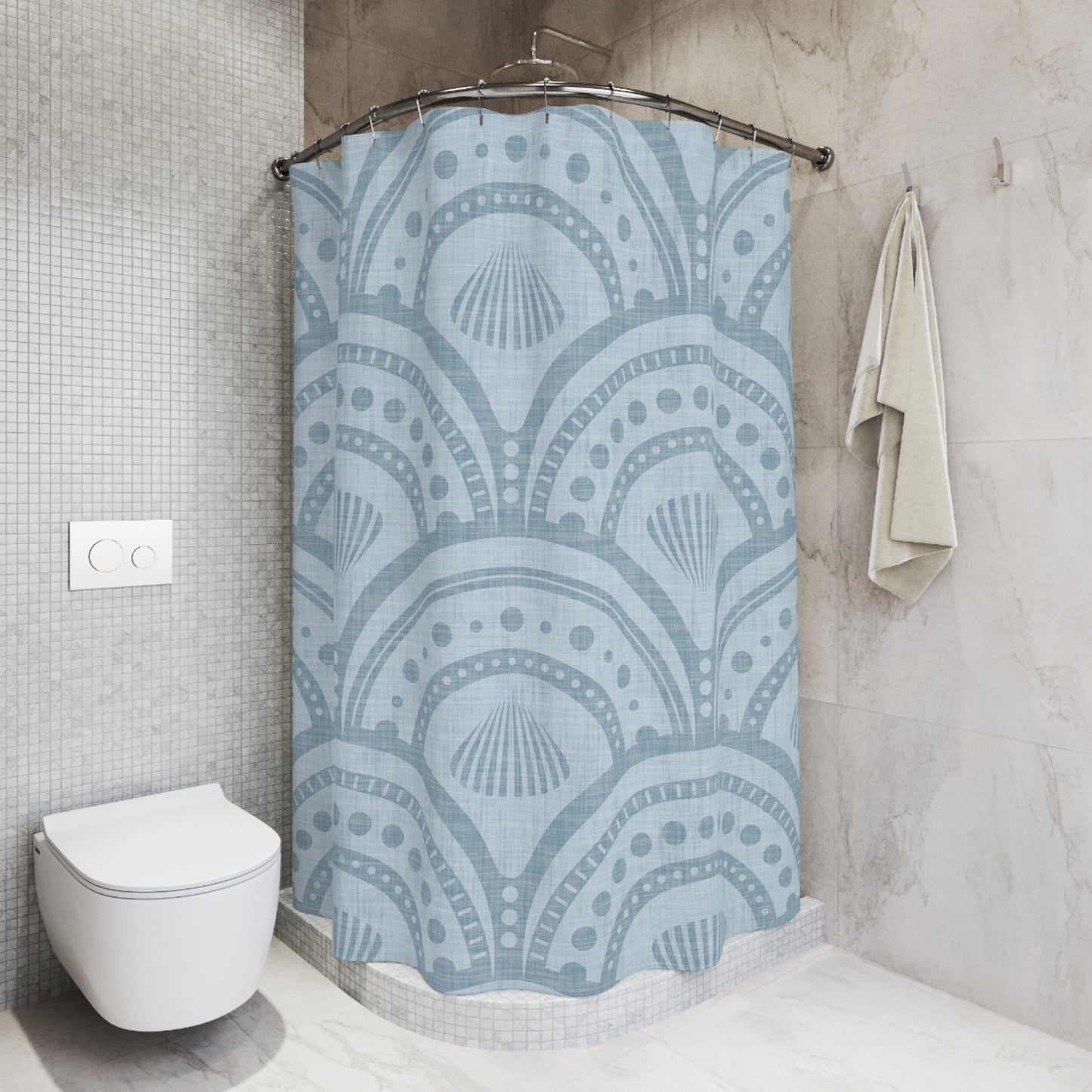 Blue Coastal Shell Shower Curtain — Nautical Seashell Pattern Bathroom Decor