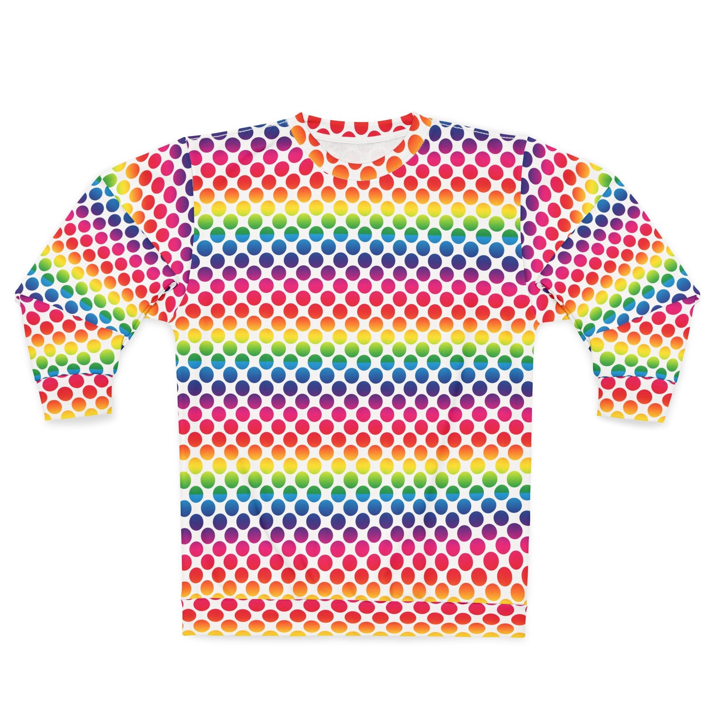 Rainbow Polka Dot Unisex Sweatshirt, Colorful AOP Pullover, Trendy Cozy Top, Vibrant Gift for Her/Him, Perfect for Casual Wear