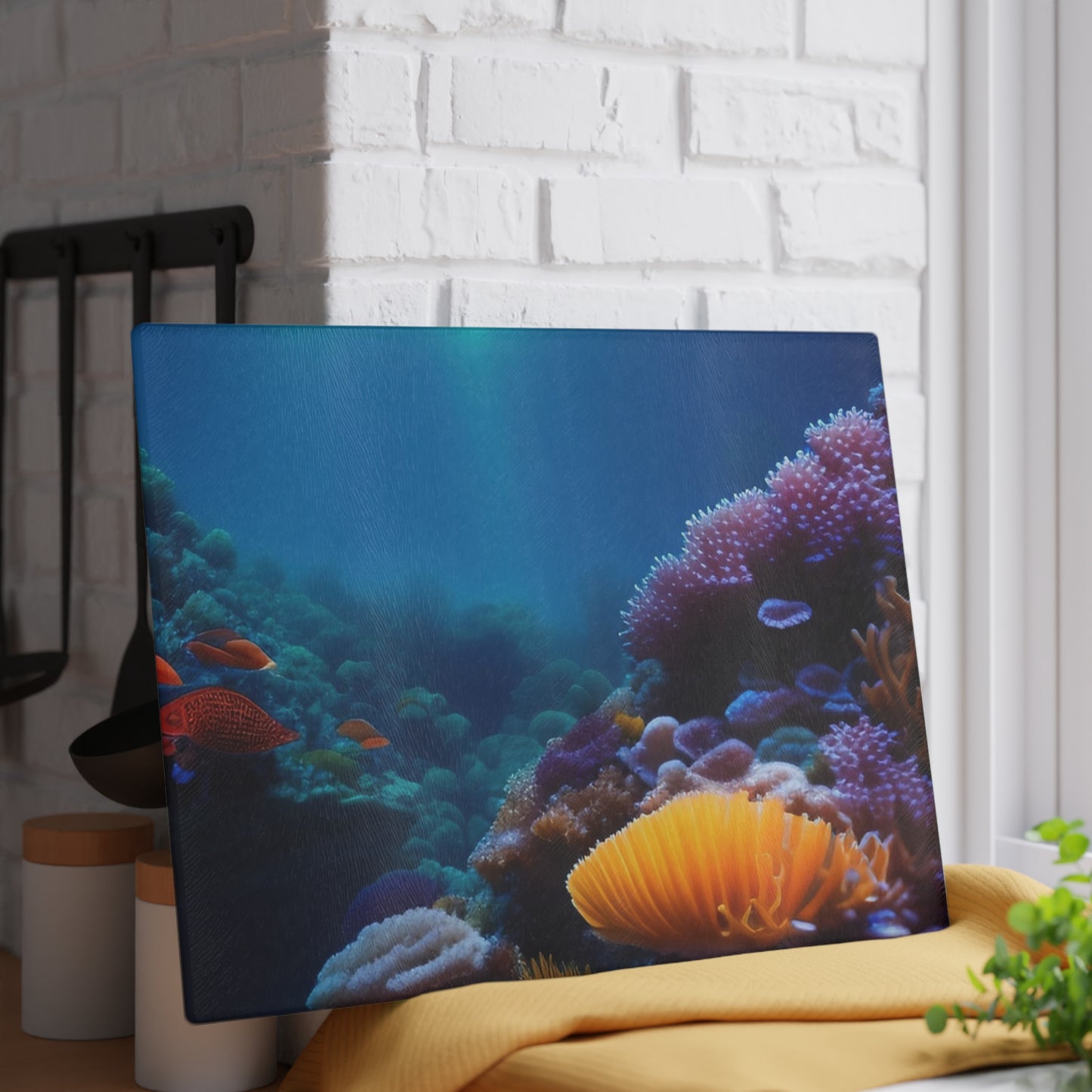 Ocean Coral Glass Cutting Board — Underwater Reef Kitchen Board