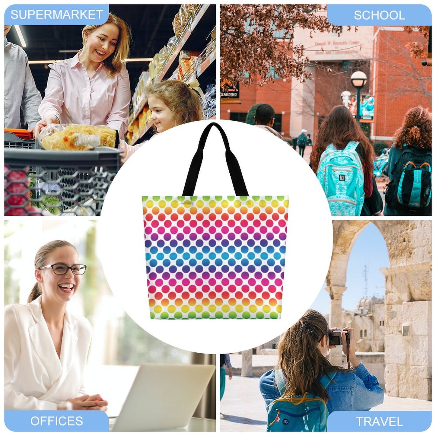 Large One Shoulder Shopping Bag Rainbow Dots